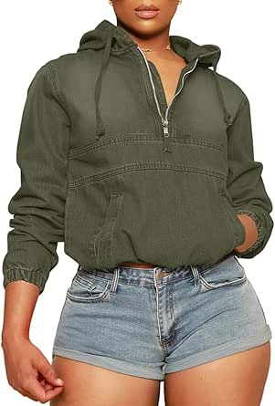 Denim Hoodie Women Half Zip Jean Jacket Denim Pullover Tops Long Sleeve ...