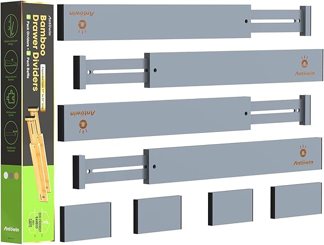 ANTOWIN 8PCS Bamboo Drawer Dividers, Drawer Separators Splitter, 43-56CM Long Adjustable Spring-loaded Organizer for Large Utensil, Clothes, Tools Drawers, 4 Pack Dividers + 4 Pack Baffle (gray)