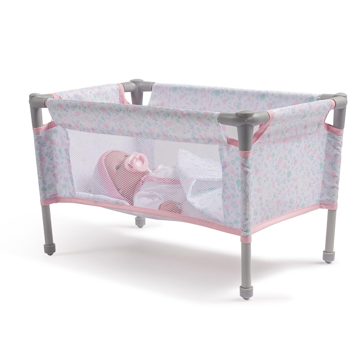 JC Toys - Składane łóżeczko podróżne - Park dziecięcy, lalki do 45 cm, łatwe do złożenia i demontażu, w zestawie torba, poduszka i koc, dekoracja kwiatowa, zaprojektowana przez Berenguera, 3 lata