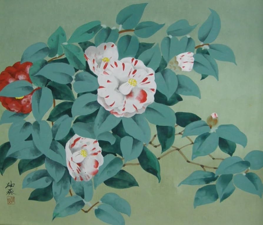 日本画 鳩と花 柚葵作 約70cm x 60cm 日本画 鳩と花 柚葵作 約70cm x 60cm
