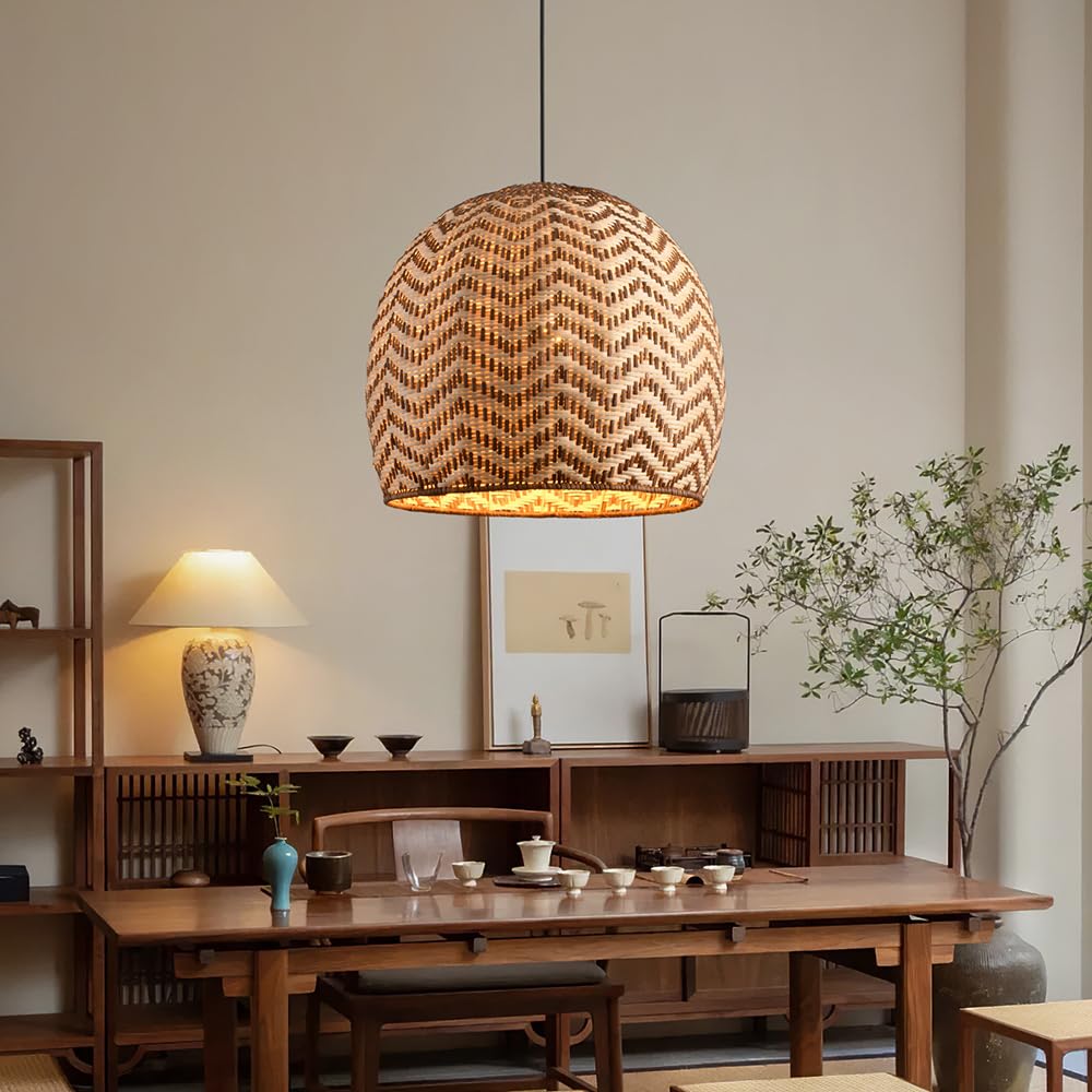 13,7" Ręcznie Tkana Lampa Wisząca Z Rattanu, Lampa Wisząca Z Wikliny, Żyrandol Z Rattanu W Stylu Boho, Naturalna Pleciona Lampa Wisząca Do Wyspy Kuchennej, Jadalni, Salonu, Przedpokoju