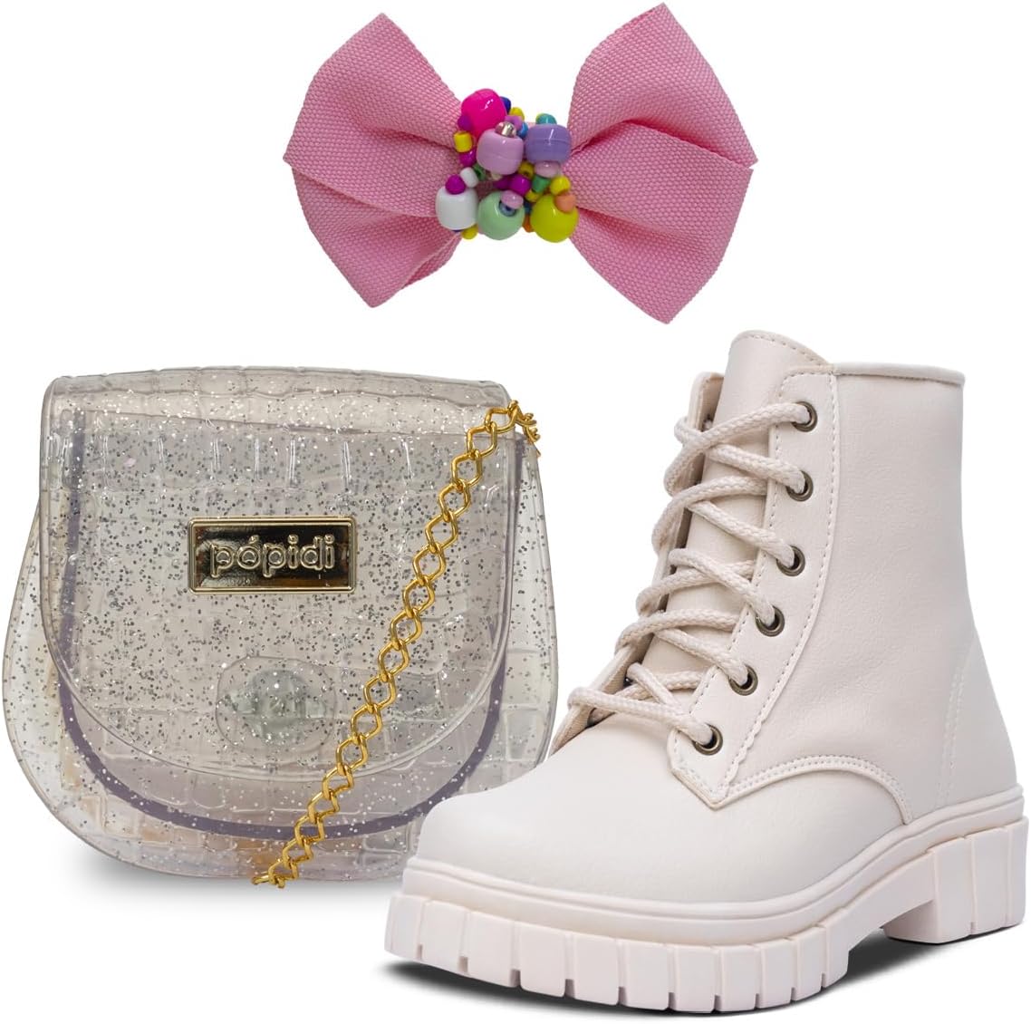 Kit Bolsa Presilha E Coturno Bota Infantil Salto Tratorado Feminino Menina K07