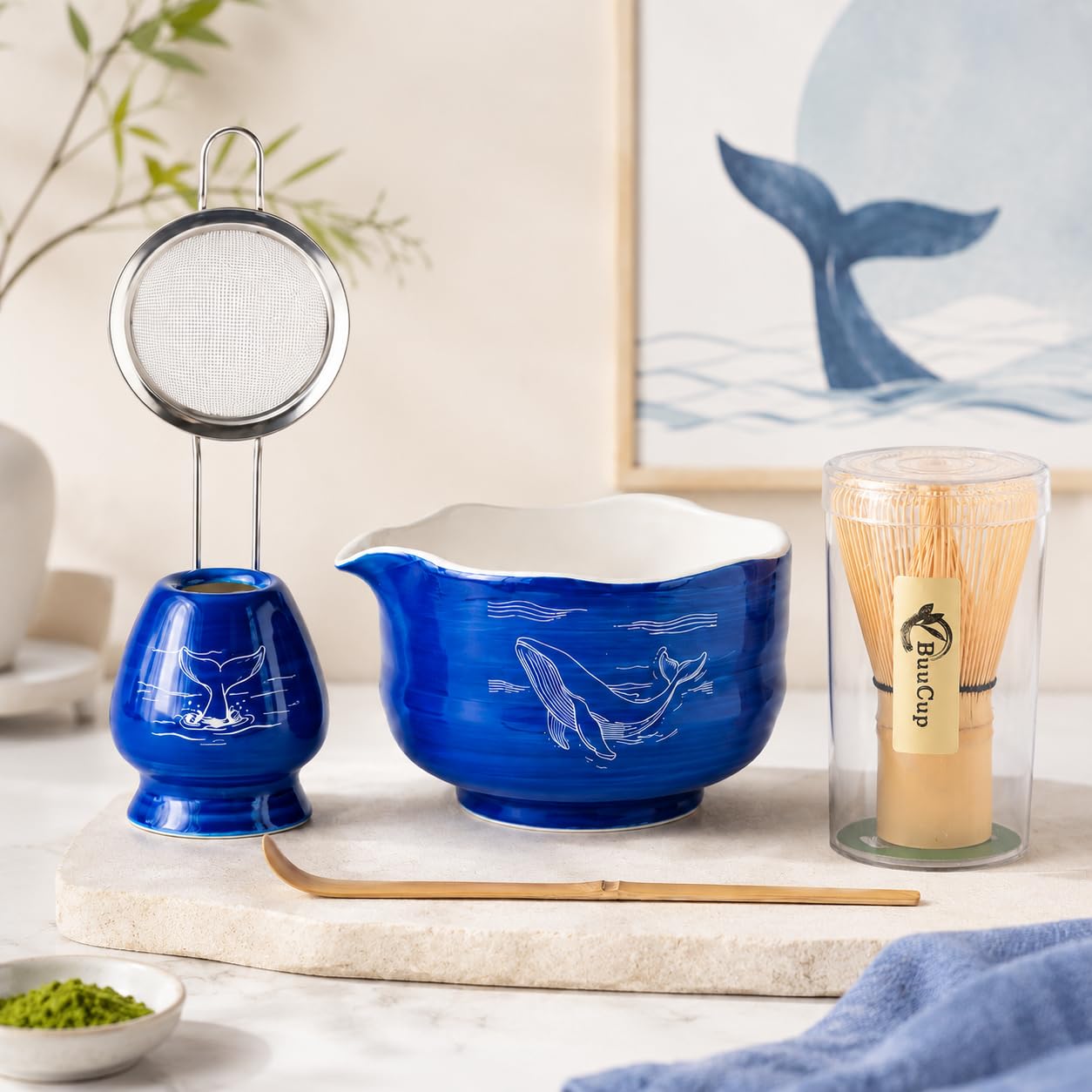 Buucup Matcha Whisk Set, Klein Blue Ceramic Bowl Kit with Spout