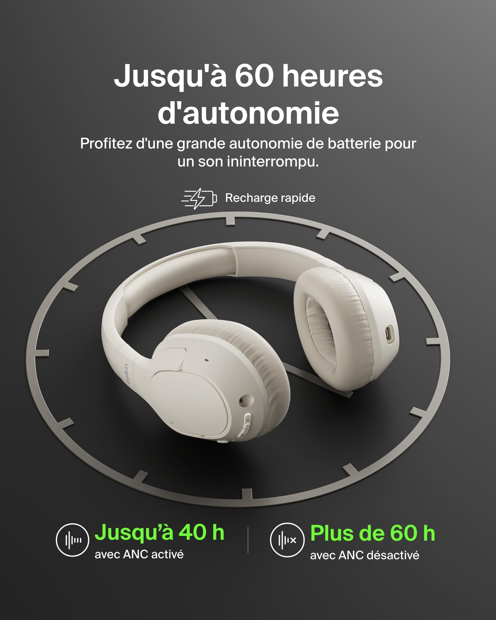 Belkin SoundForm Isolate Casque Bluetooth sans Fil avec ANC Hybride (casque audio à réduction de bruit, 60 h de lecture, basses profondes, oreillettes CloudCushion, utilisation en déplacement) - beige