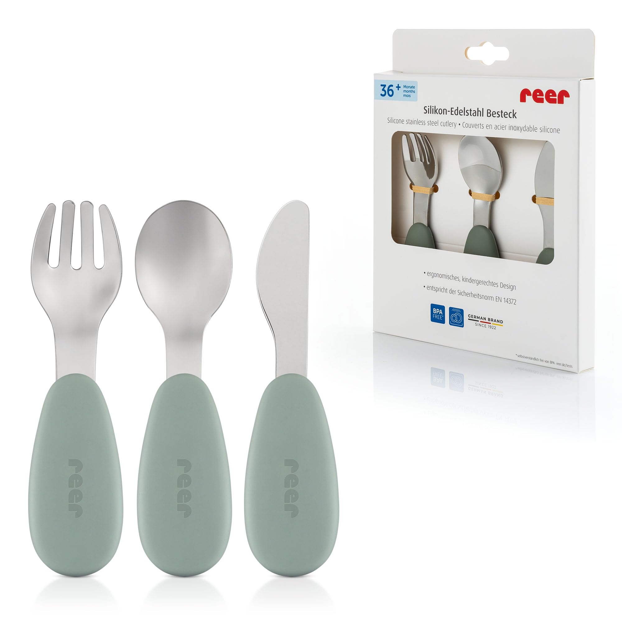 reer Cubertería de silicona de acero inoxidable, 3 piezas, para bebés y niños, diseño ergonómico y adecuado para niños, silicona de grado alimenticio, puntas de acero inoxidable, apto para