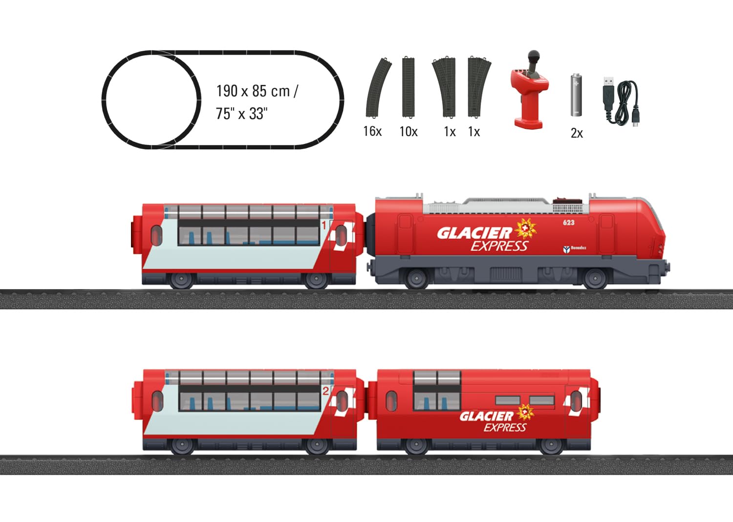 Märklin My World 29348 - Kit iniziale Glacier Express, alimentato a batteria, con cavo di ricarica USB e attacchi magnetici, H0