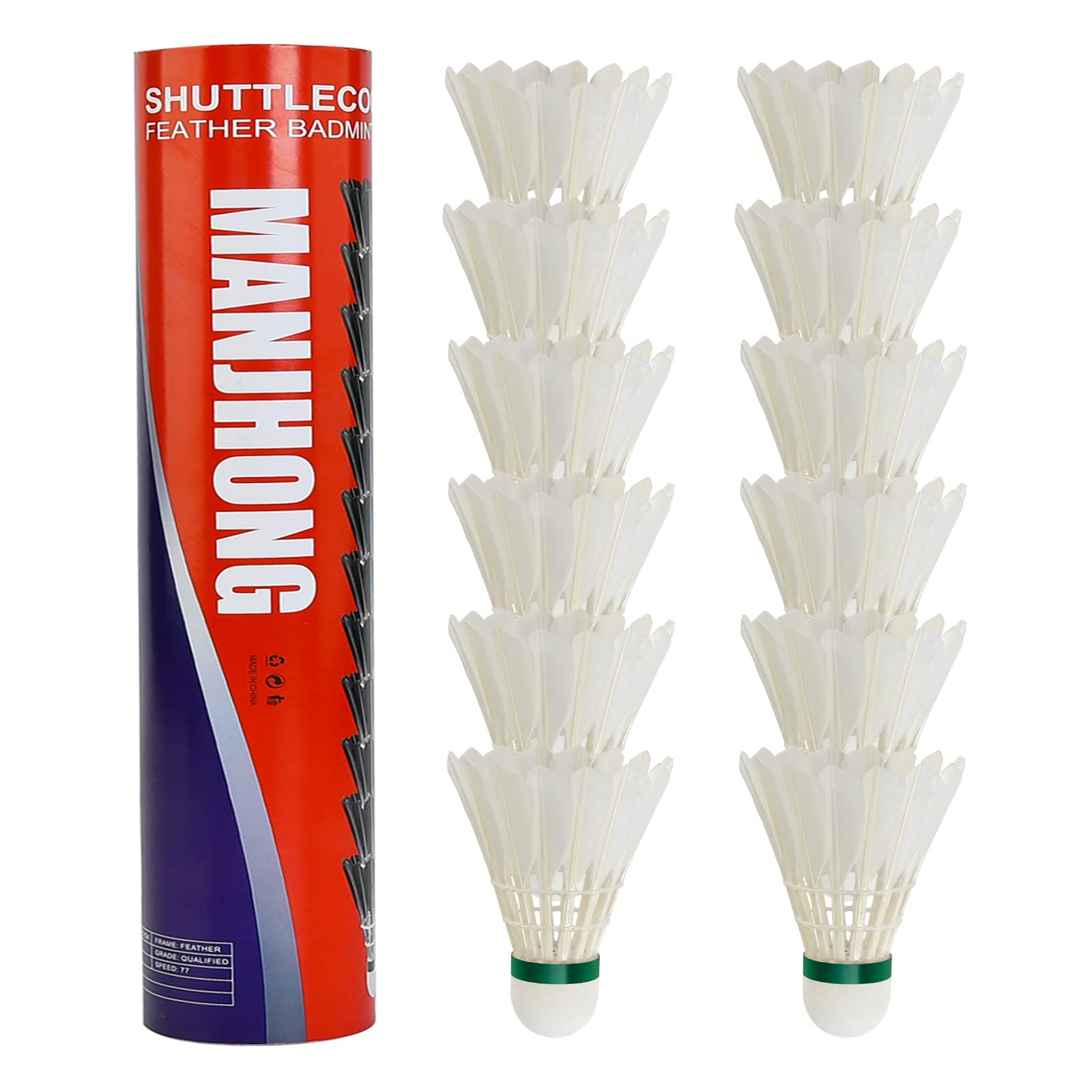 MANJHONG Badminton Feather Shuttlecocks, Good Flight and Durable Shuttles for Indoor Outdoor Recreational Game Fitness, White 12 Pack