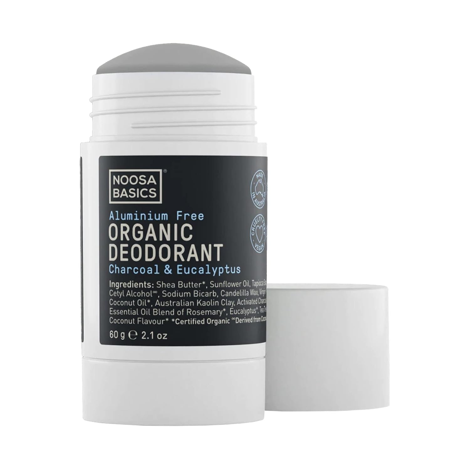 Noosa Basics Organic Deodorant Stick with Activated Charcoal - Charcoal & Eucalyptus - 2.1 oz - Aluminium-Free - Handcrafted in Australia