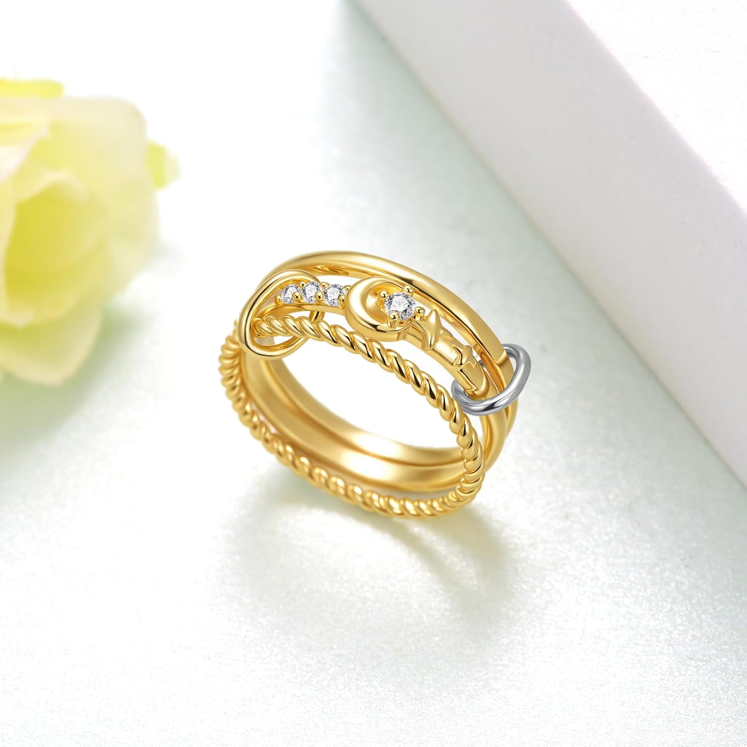 Stackable Rings 925 Sterling Silver Moon and Star Stackable Ring Multi Ring Stack Cubic Zirconia Two-Toned Connected Bands Stacking Jewelry Gifts for Women - Image 3