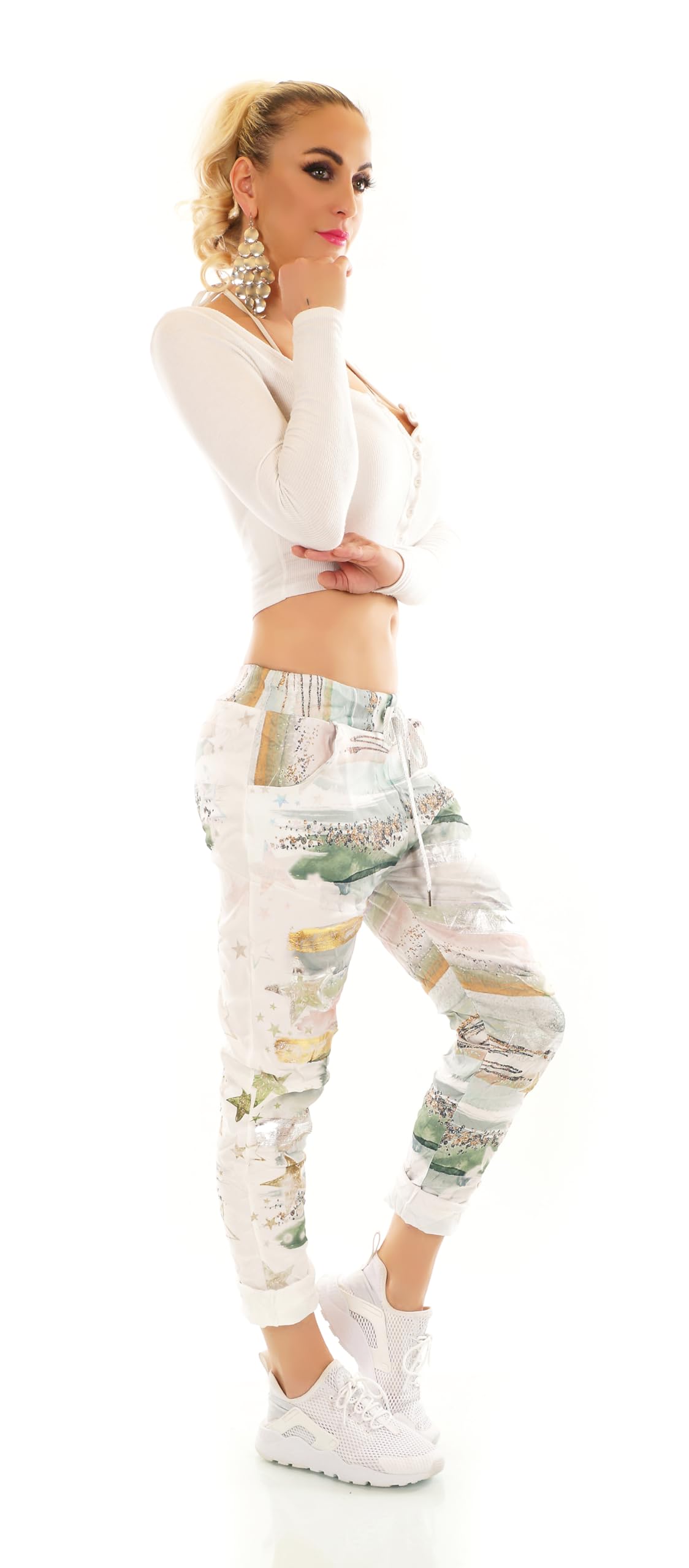 Pantaloni da jogging da donna Baggy Boyfriend, pantaloni per il tempo libero, oro argento lucido, effetto stelle, 36-40