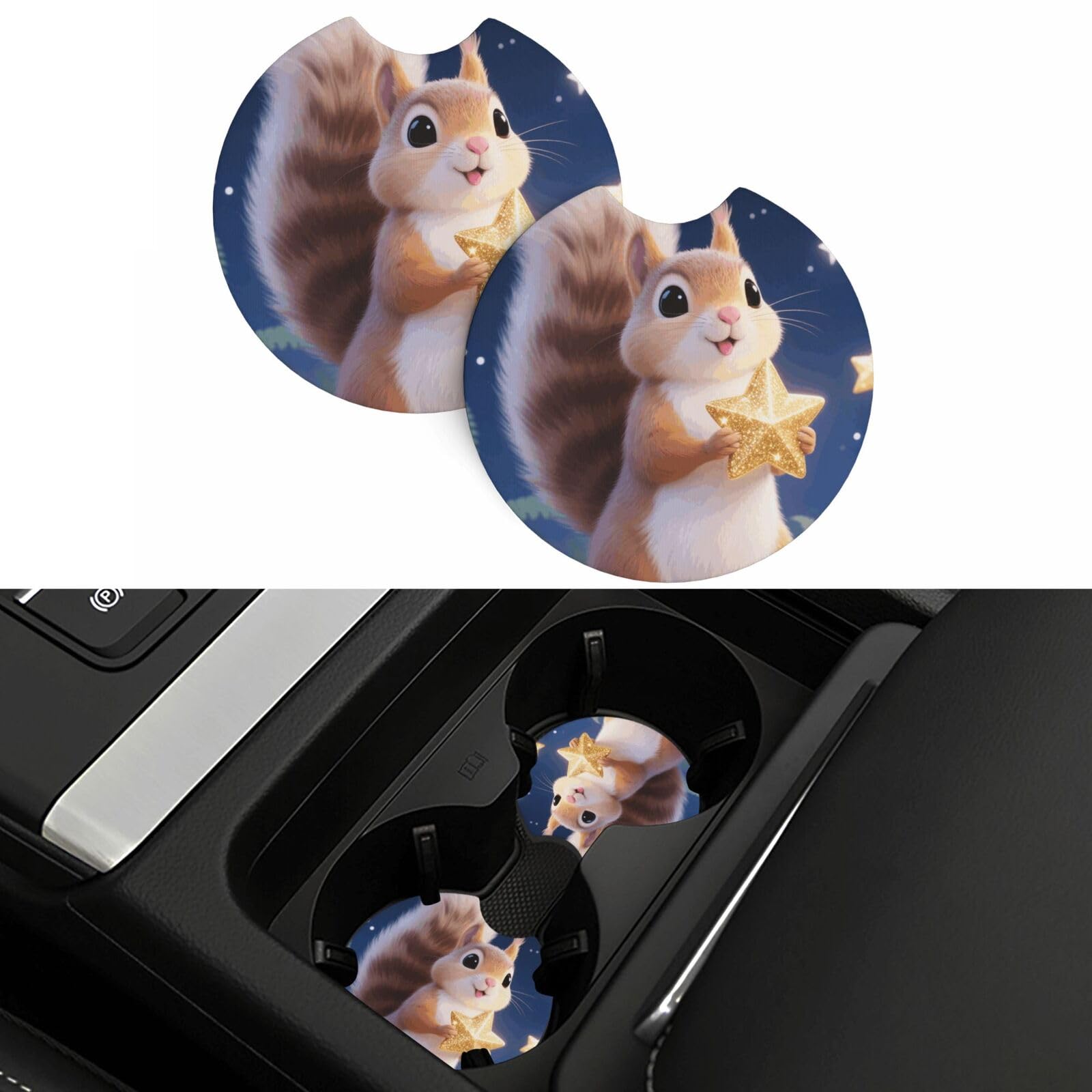 2 Pack Car Coasters,2.7" Universal Car Cup Holder Coasters Non-Slip Neoprene Cup Pad Mat Coaster Car Interior Accessories for Women Men Cute Squirrel Star