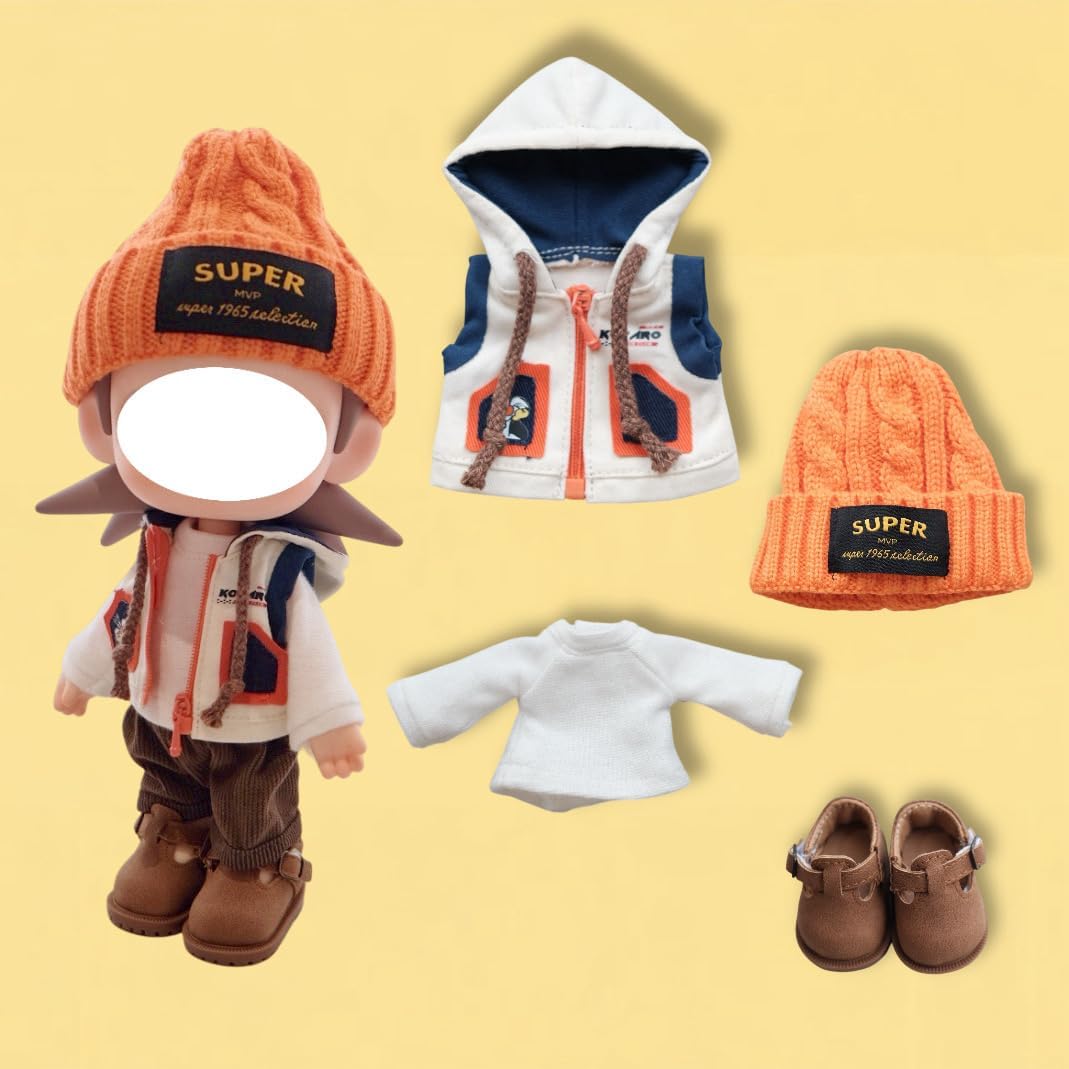Clothes for 8 inch Zisiga Doll, 5 pcs Set 20cm Doll's Outfits Luxury Caps Shirt Vest Coat Pants Shoes Accessories High-end Stylish Adorable Dolls Clothes (No Doll) (Overalls Orange)