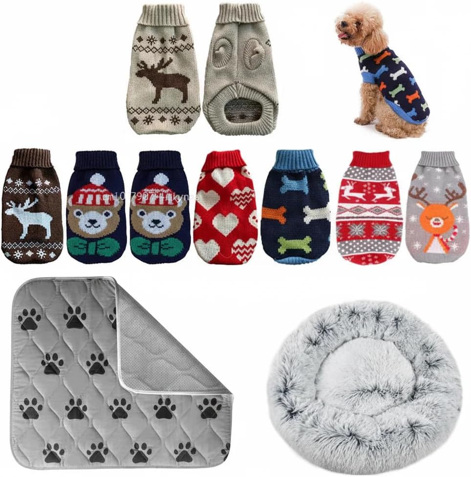 Winter Pet Comfort Bundle with Knitted Sweater, 28 Inch Orthopedic Plush Bed, 3 Pack Washable Reusable Pee Pads (B, 6)