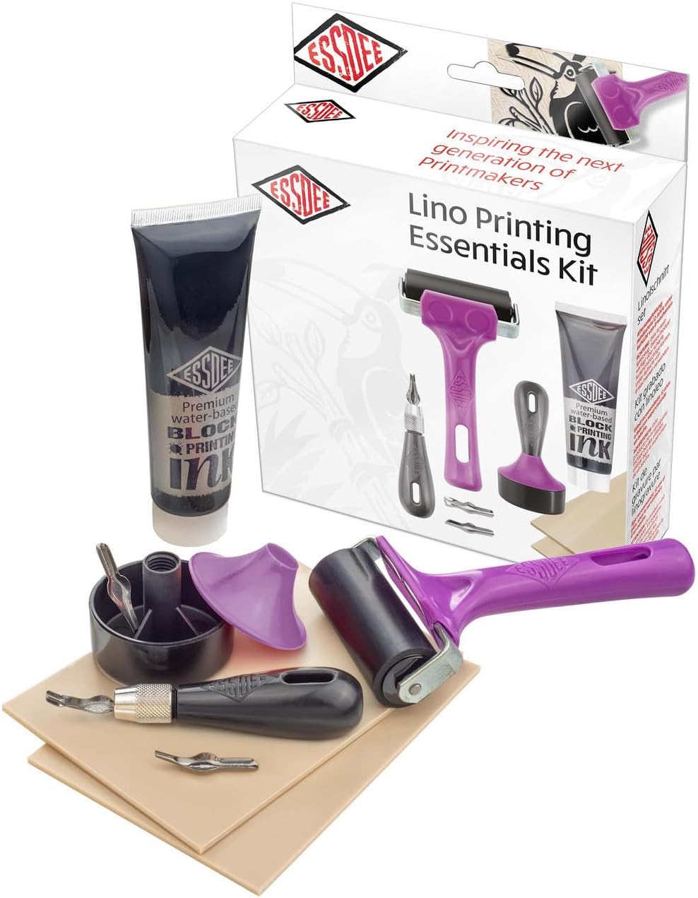 ESSDEE Block Printing Essentials Kit Includes 2 Ink Rollers, 3 Lino Cutters, Lino Handle, Printing Ink and Carving Block || Used in Art, Craft and Carving Stamps || Made in The UK