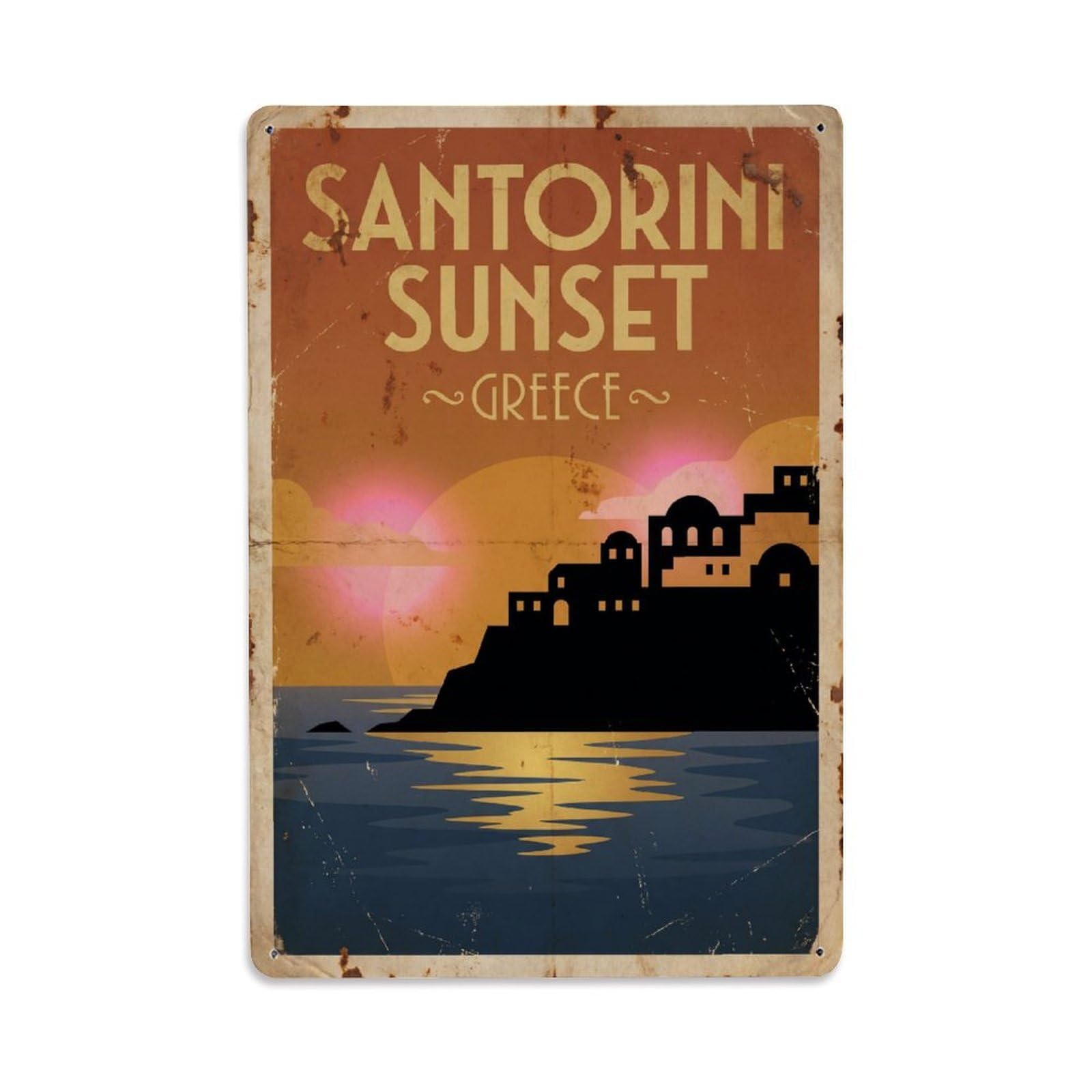Vintage Travel Santorini Sunset Greece Metal Tin Sign