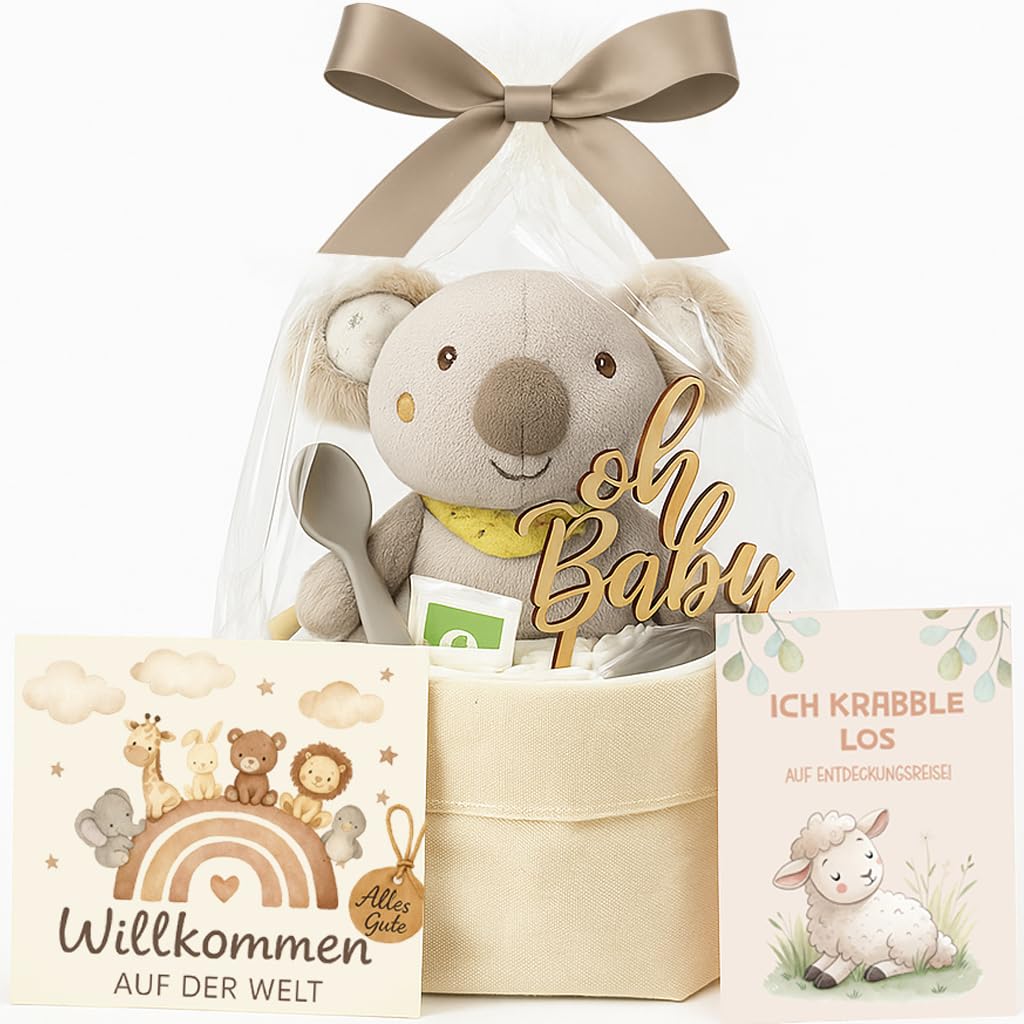 Windeltorte Mädchen & Junge mit Koala-Wärmetier - Boho Windeltasche [Handmade] – Baby Geschenk zur Geburt mit Babylöffel, Premium Windeln & Bio-Tee – Windeltorte Neutral