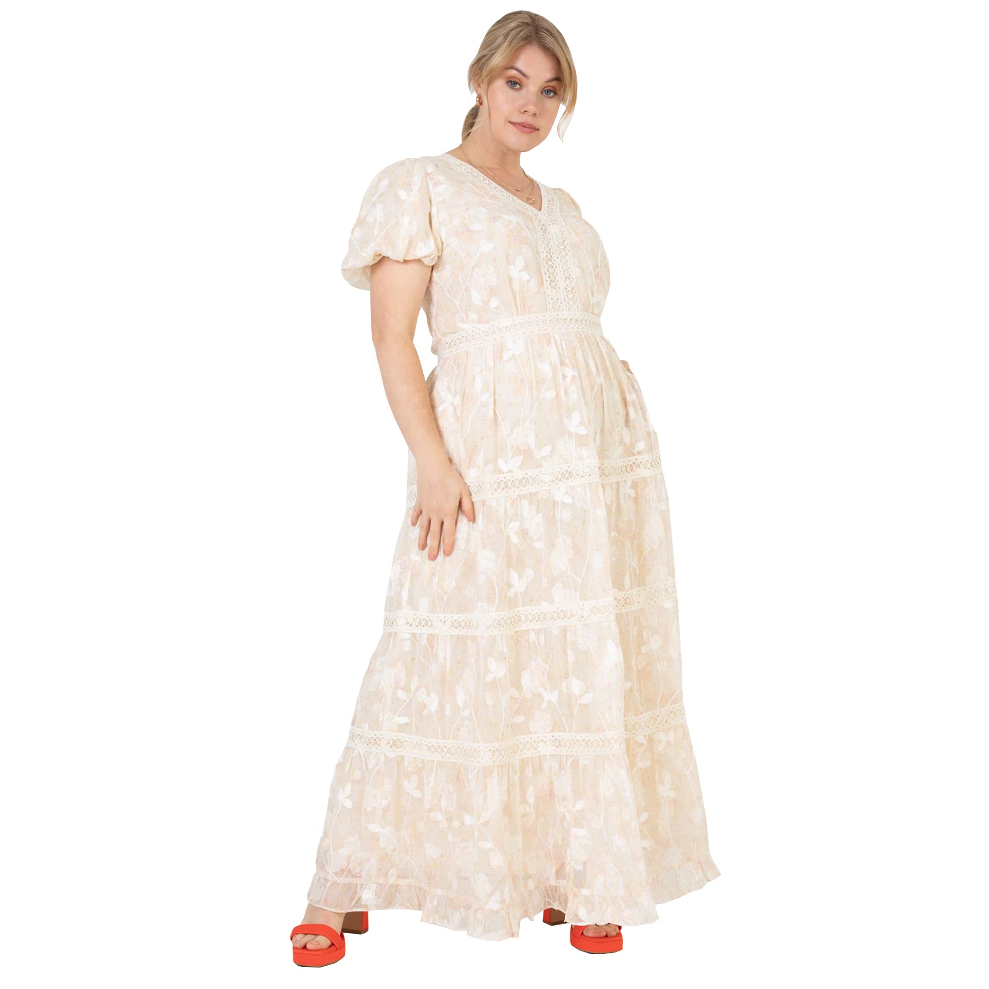 Lovedrobe Women's Ladies Plus Size Summer Dress Curve Puffed Short Sleeve Maxi V-Neckline Flowers Floral Lace Cocktail A-Line, Cream, 18