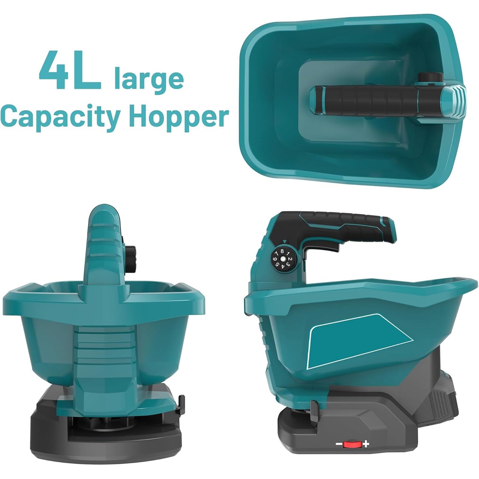 PANGBOER Esparcidores eléctricos para césped para todas las estaciones, 4 L, gran capacidad, 8 ajustes, 6 ángulos, fertilizantes, esparcidores de cerdas eléctricas