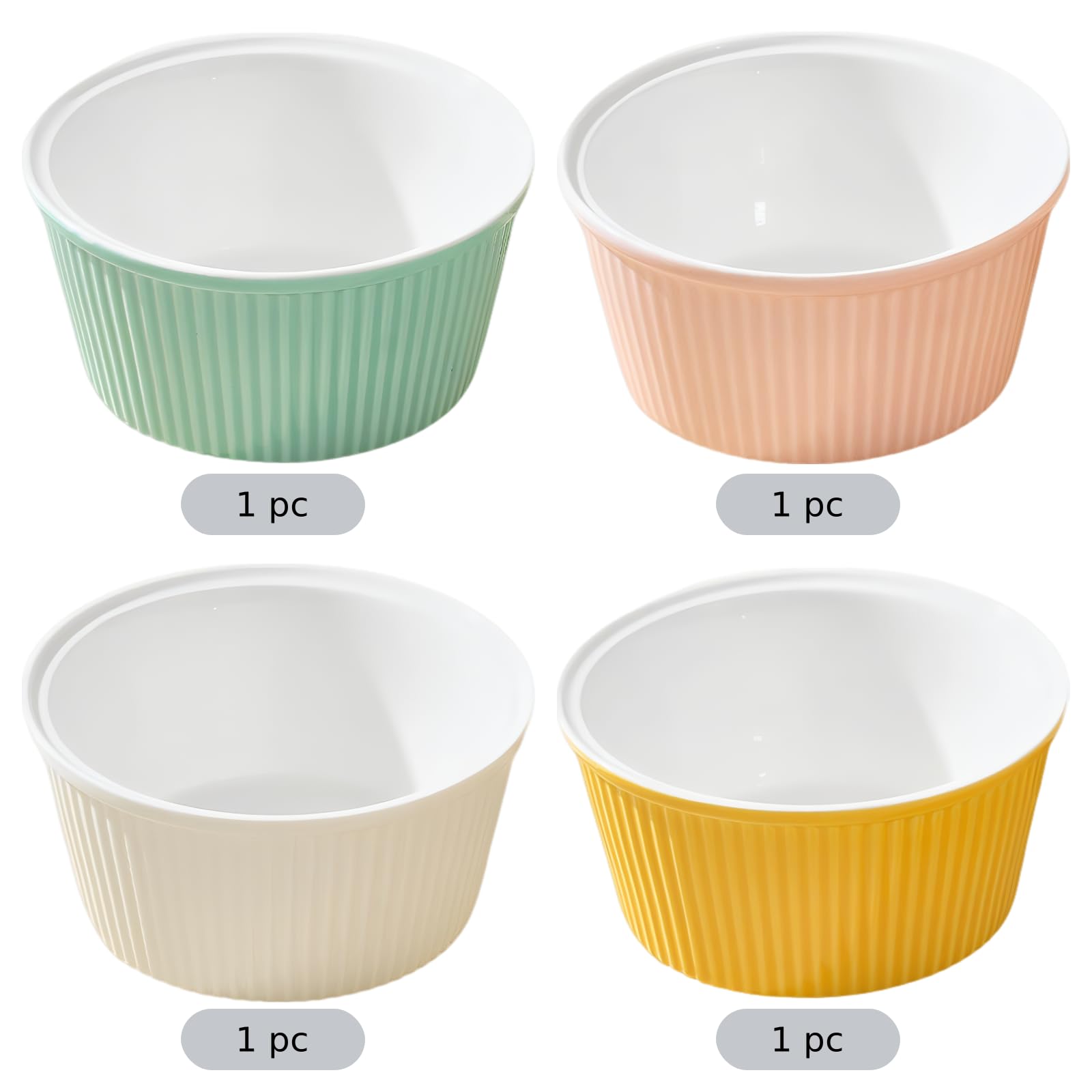 Lot de 4 ramequins en céramique, compatibles four, ramequins à soufflé en porcelaine 300 ml, bols à pudding empilables à rayures verticales, bleu, jaune, blanc, rose, 11,5 x 11,5 x 5,5 cm
