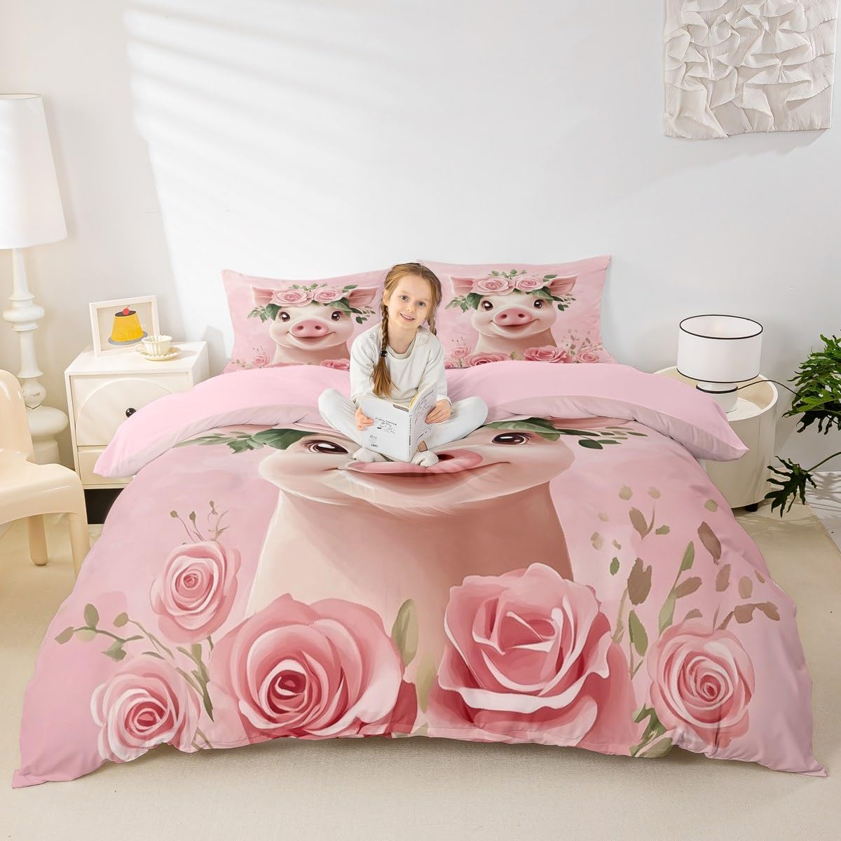 jejeloiu Boys Girls Pig Duvet Cover Toddler Size, Cartoon Pigs Bedding Set Kids Cute Pet Farm Animal Comforter Cover Rose Floral Teens Bedspread Cover 2Pcs with 1 Pillow Case (No Comforter)