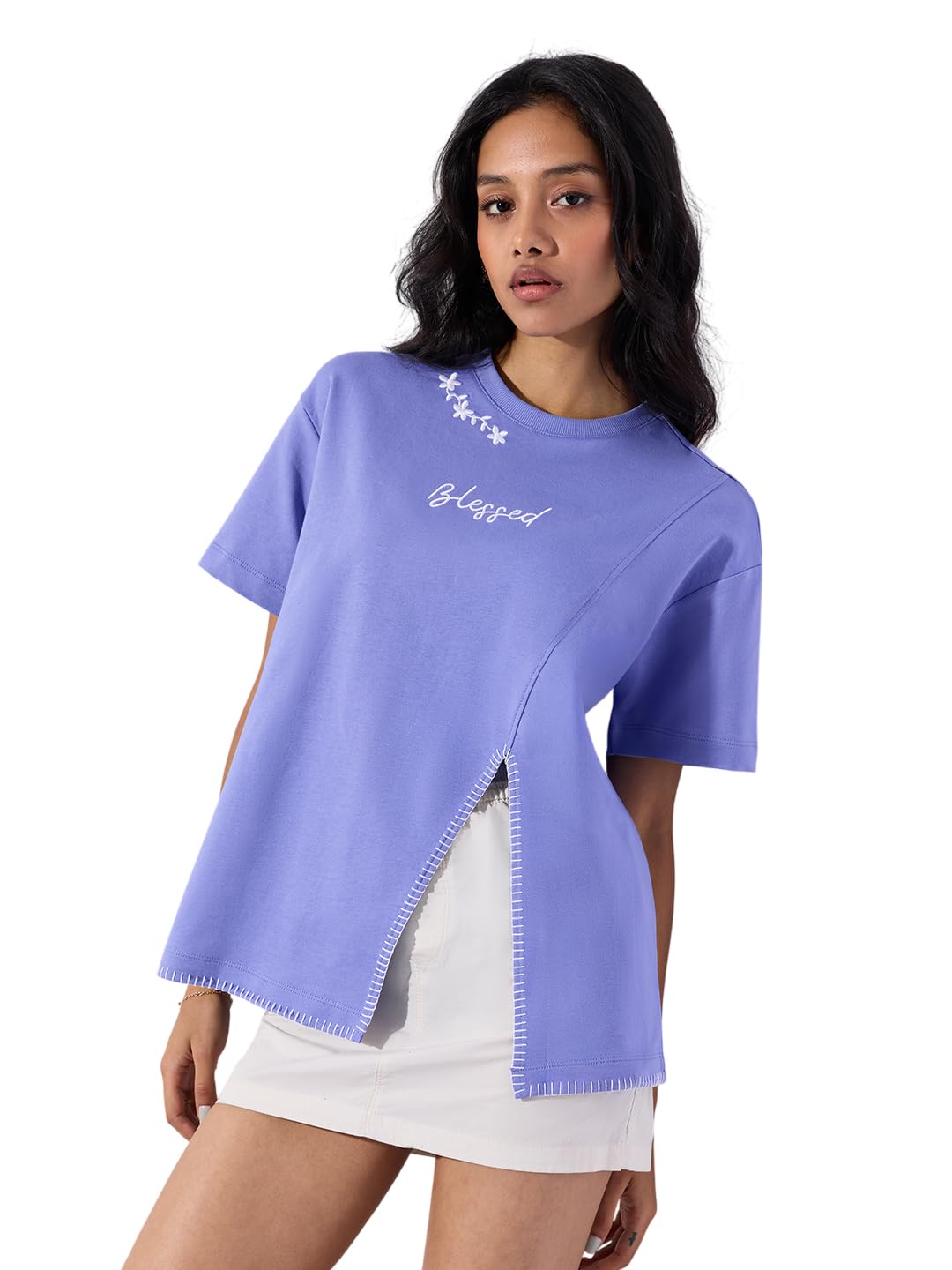 the souled store Blessed Women and Girls Short Sleeves Round Neck Lavender Embroidered Cotton Oversized Drop Shoulder Lightweight Everyday Casual T-Shirts-picture-13