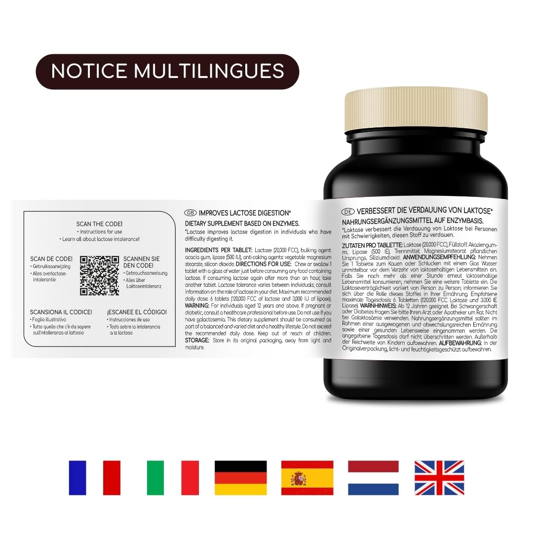 LACTOLERANCE ULTRA Lactasa 20.000 FCC, Lipasa 500 UI, 200 Pastillas | Doble acción sobre lactosa y grasas. Efecto inmediato. Enzimas digestivas. Formato ahorro. Sin sabor. Fabricado en Francia.