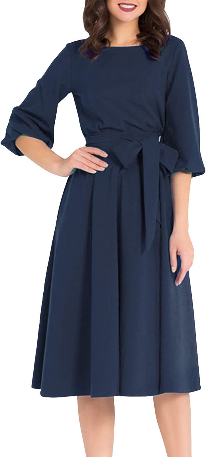 AOOKSMERYWomen Elegance Audrey Hepburn Style Round Neck 3/4 Puff Sleeve Swing Midi Dress Long Belt Dresses with Pockets
