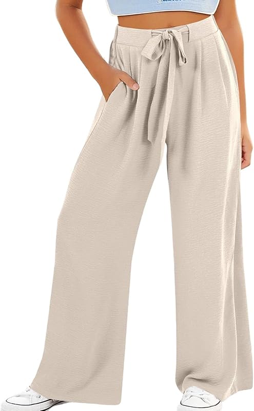 Girl's Linen Pants Wide Leg Casual Palazzo Pants Cotton Linen Beach Summer Sweatpants with Pockets