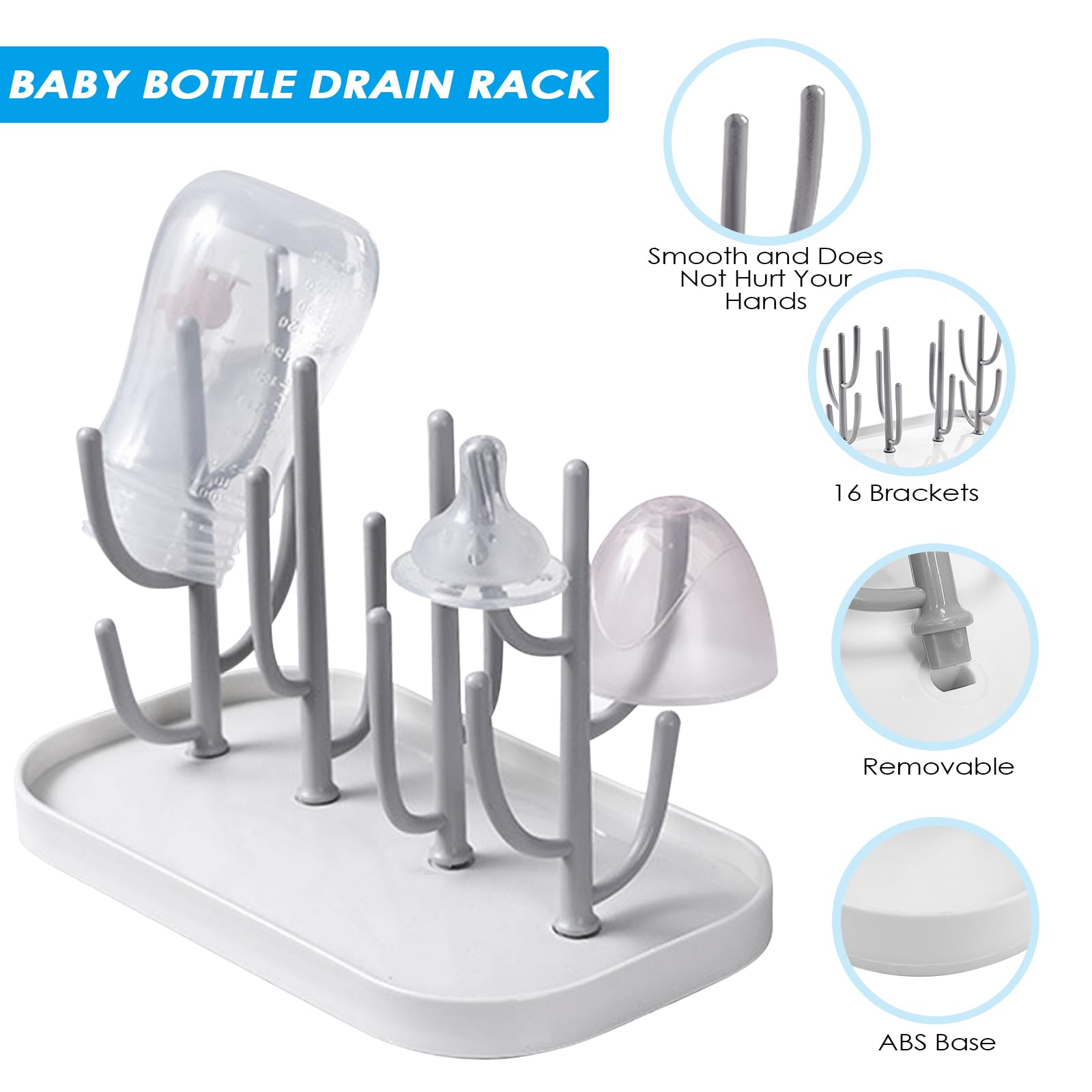 Tarpedrium Rastrelliere Asciuga Biberon, Scola Biberon, Senza BPA, Bottiglia Stendino con Puntoni Rimovibili, Scolabiberon, Porta Biberon per Biberons, Tazze, Tettarelle Accessori (Grigio)