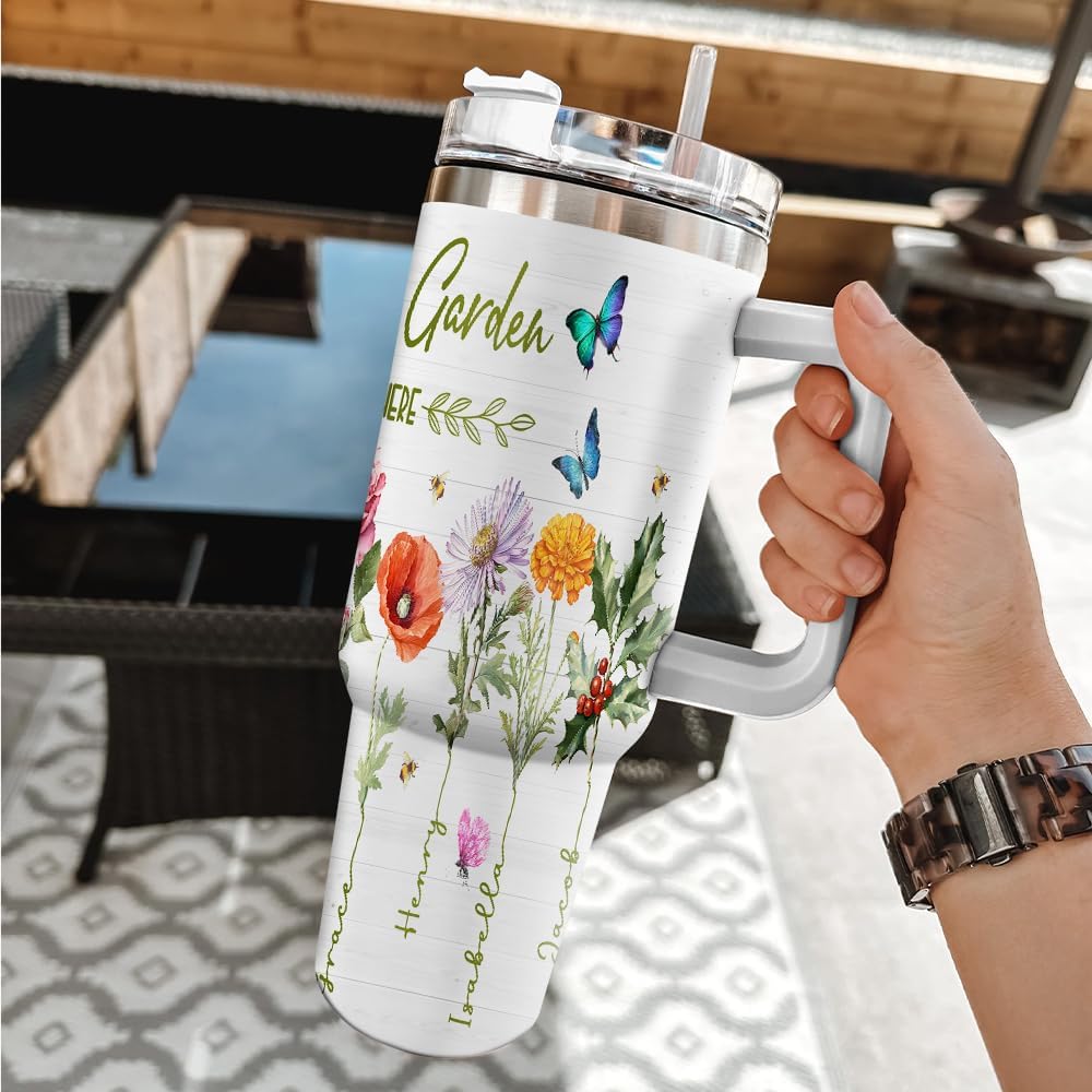 Personalized Grandma's Garden Tumbler 40oz with Lid and Straw, Custom Birth Month Flower with Kids Names, Grandma Tumbler with Handle Mothers Day Gift for Nana Gigi Mimi - Image 5