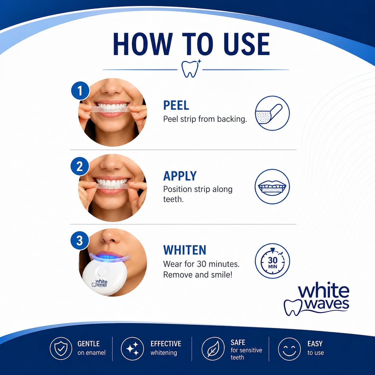 Kit de blanqueamiento dental con luz LED - Tiras blanqueadoras seguras para esmalte (14 tratamientos) - Sistema de blanqueamiento White Waves en casa