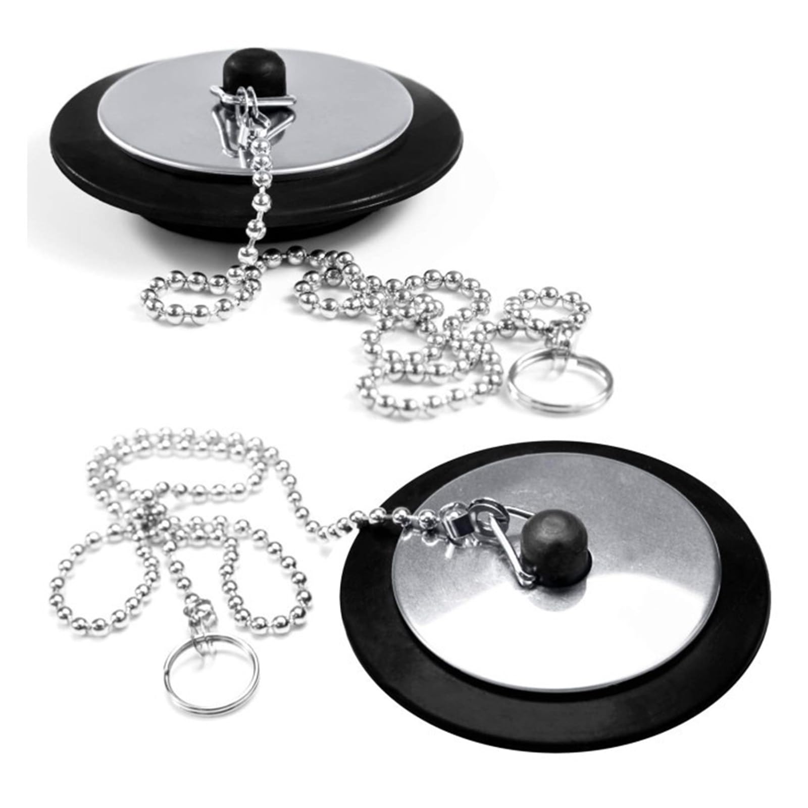 2 Pack Universal Sink Plug, 40mm Black Rubber Bath Plugs with 40CM Chain, Drain Stopper for Bathroom, Kitchen Sink Plug Replacement