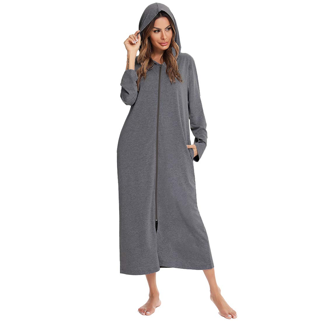 Verve Jelly Womens Robe Zipper Bathrobes Ladies Hooded Housecoat Casual Nightgown Lightweight Sleep Shirt Loungewear Dark Grey