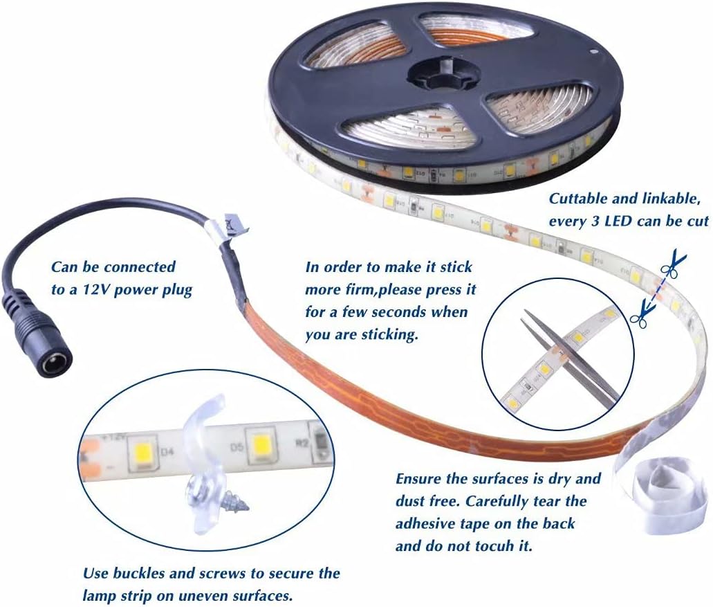 White LED Strip Lights, Waterproof cuttable 300 SMD 2835 LED Tape, 6000K 12V 16.4ft/5m Flexible Ribbon, Kitchen Cabinet Lighting, Outdoor/Indoor (No Power Supply) - Image 4