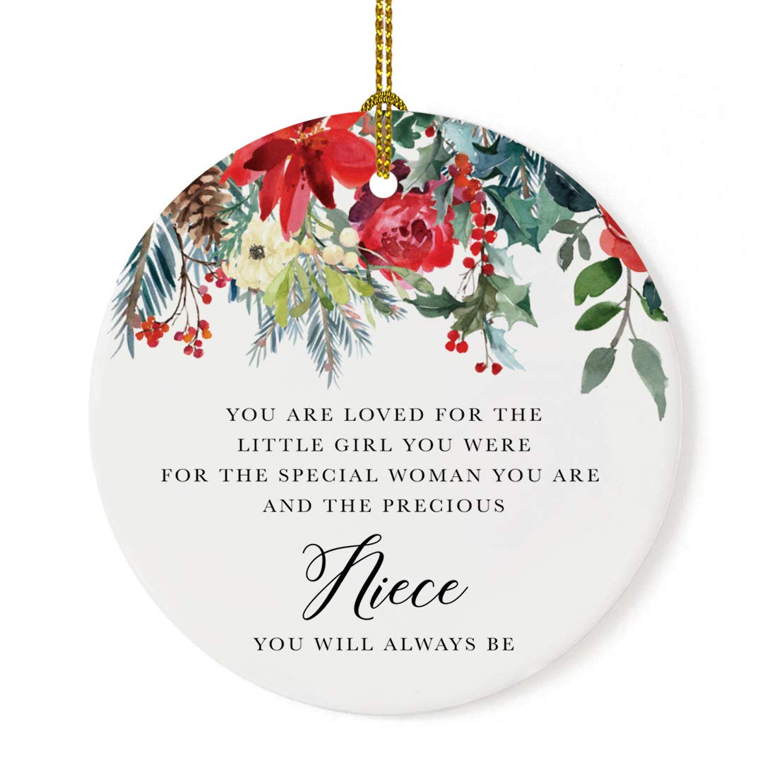 Andaz Press Round Ceramic Porcelain Christmas Tree Ornament for Nieces, You are Loved for The Little Girl You were - for The Special Woman You are, 1-Pack Niece Ornament Niece Christmas Ornaments