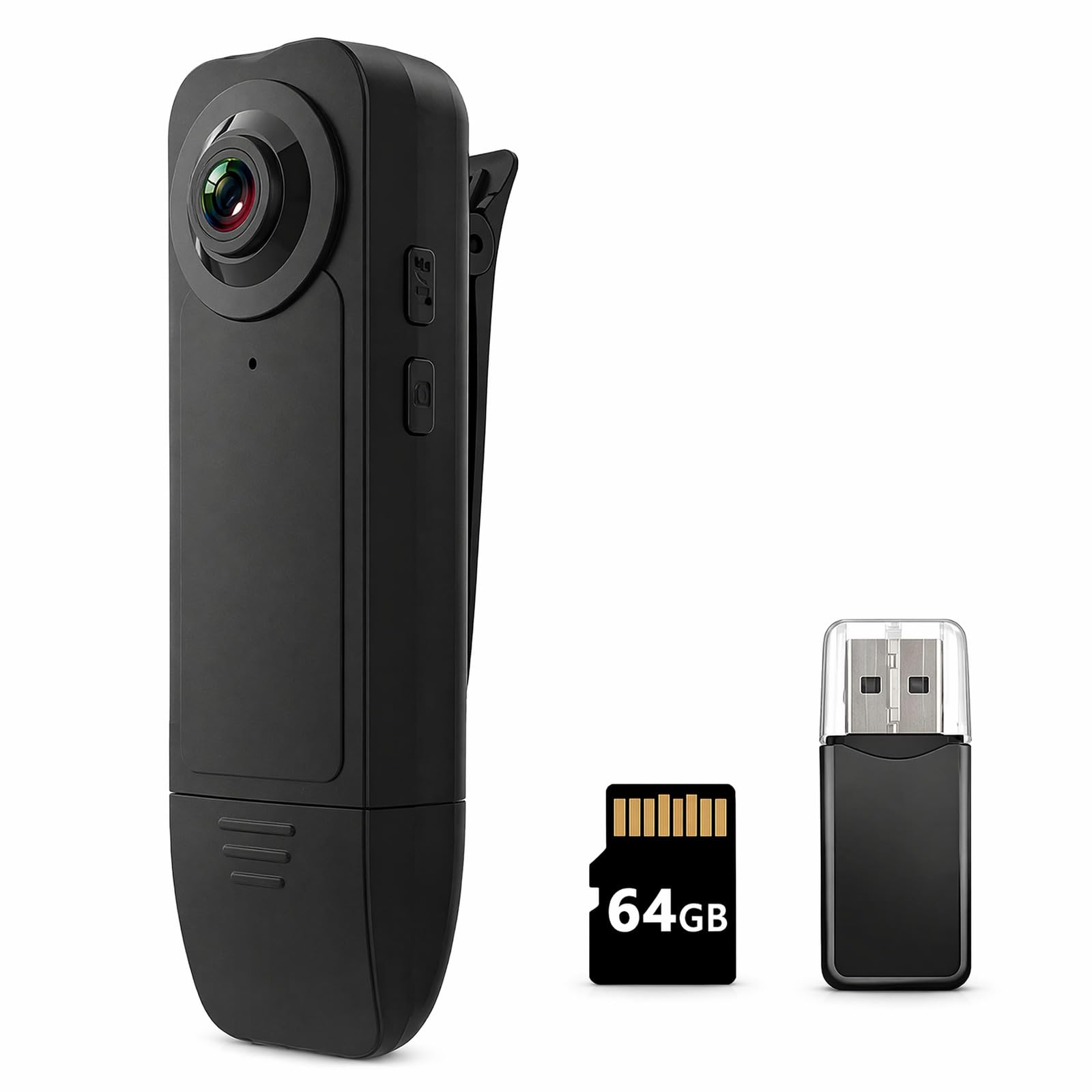 Mini Videocamera Corporea HD 1080P con Audio Visione Notturna Sicurezza | 64GB inclusa, registrazione a ciclo continuo, batteria 1000mAh 6h, clip universale, senza configurazione, per vigilanza