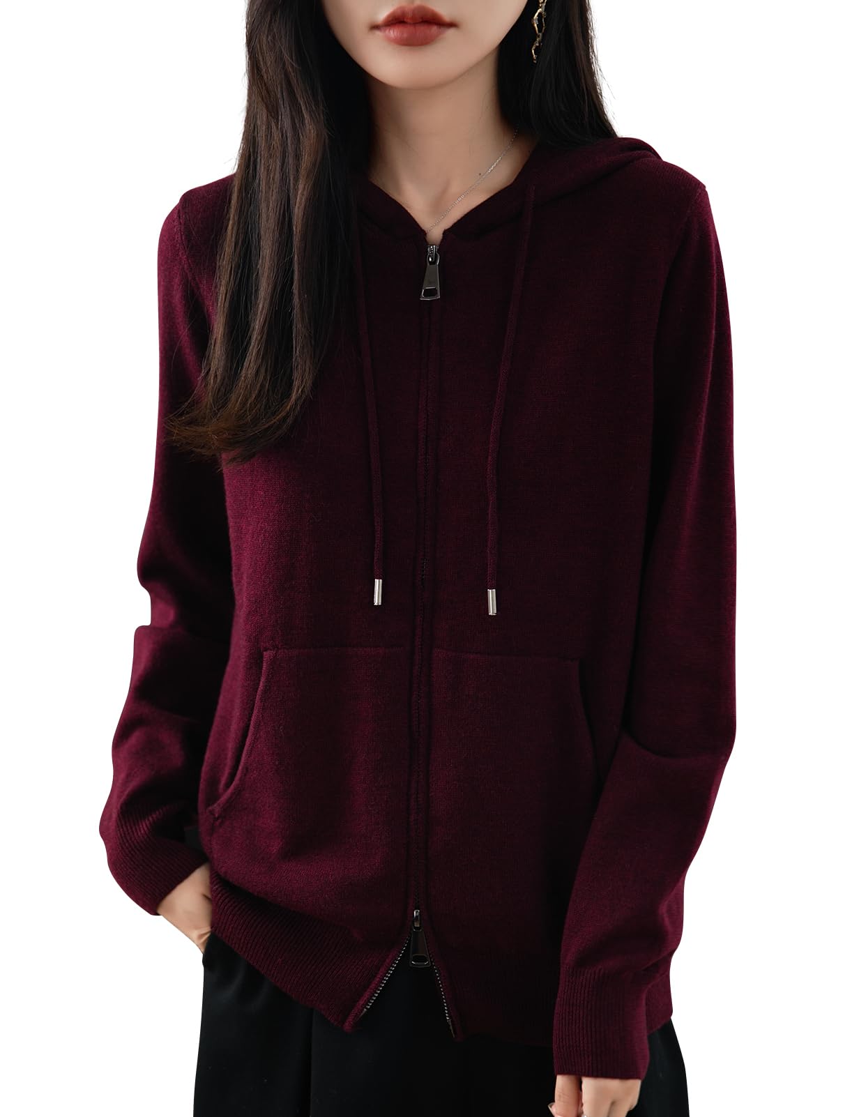 Womens Merino Wool Blend Cardigan 2025 Fall Winter Zipper Sweatshirt Crew Neck Long Sleeve Knit Hooded Cardigan