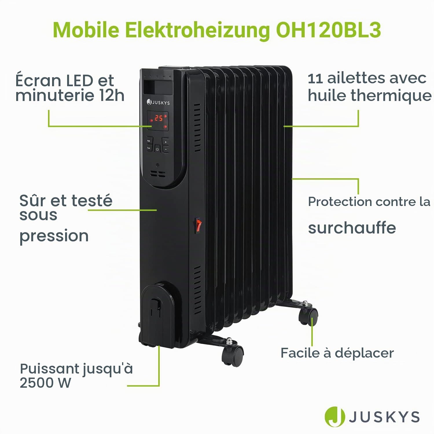 Juskys chauffage électrique radiateur à l'huile 2 500 watts - chauffage électrique avec 3 niveaux, thermostat, minuterie 12 h et protection contre la surchauffe - radiateur noir