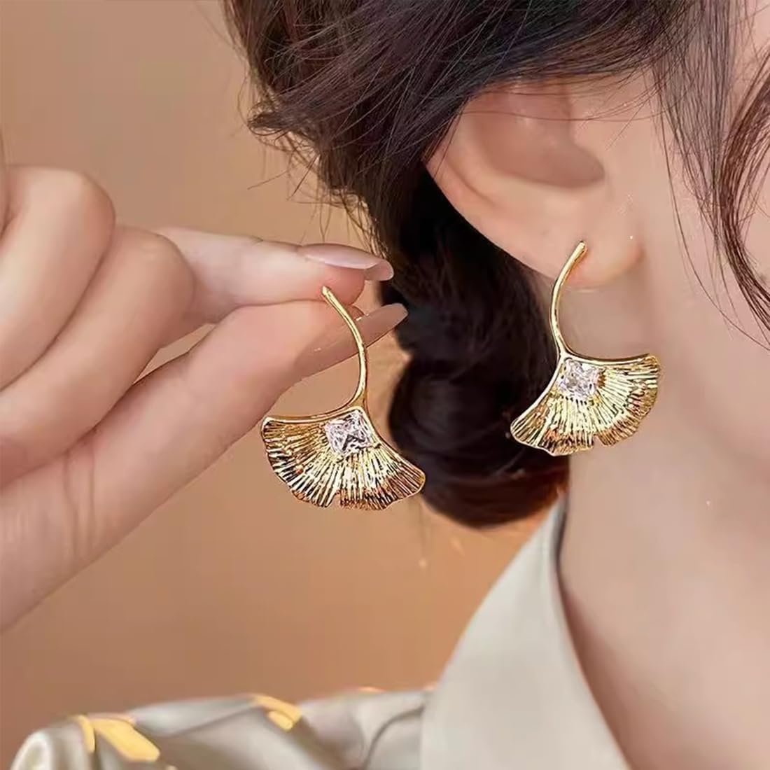 Chunky Ginkgo Leaf Flower Earrings for Women,Geometric Jewelry Statement Earring,Boho Dangle Rhinestone Stud Earrings for Party - Image 3