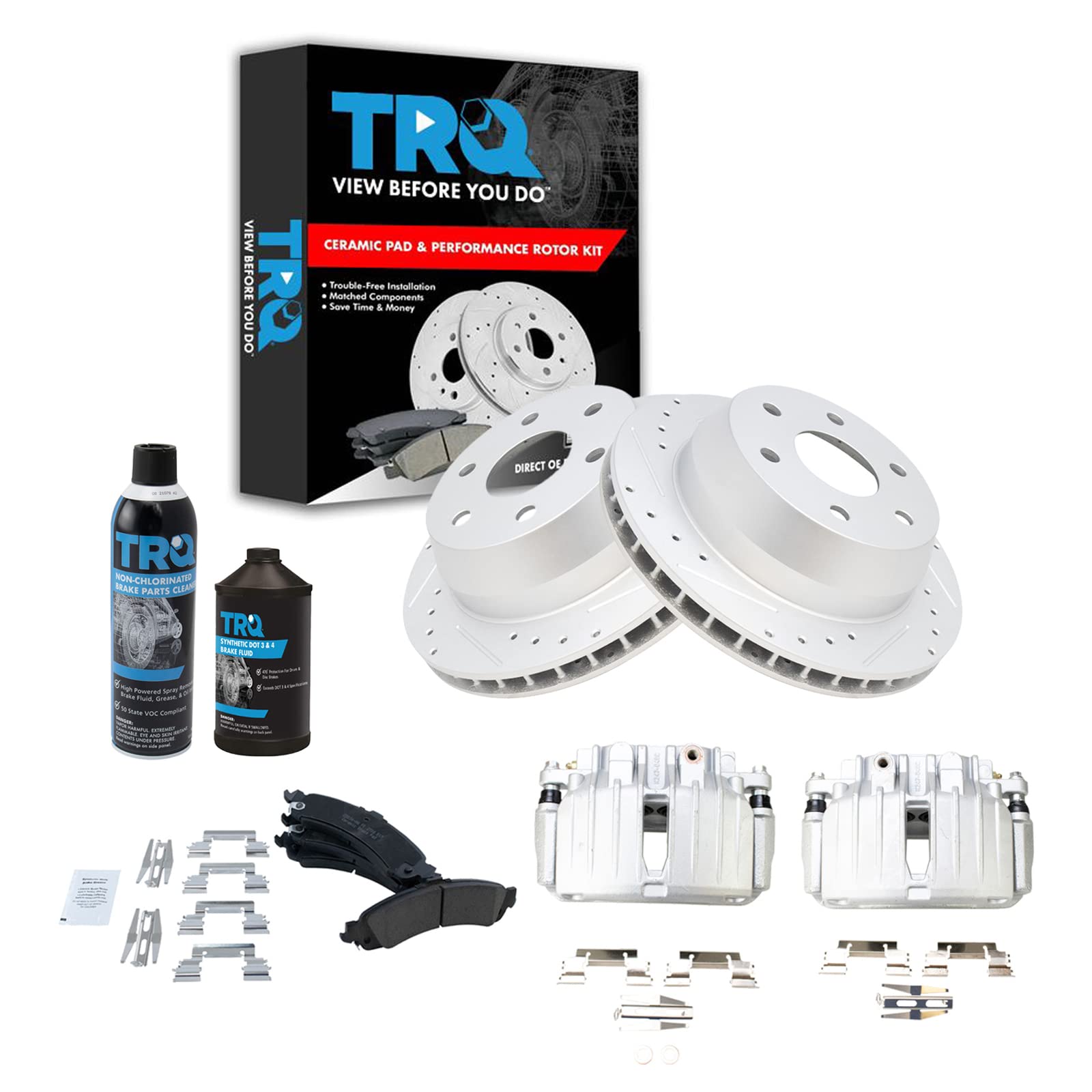 TRQ Performance Rear Ceramic Pad Coated Rotor &amp; Calipers Kit w/Chemicals Compatible with 2003-2006 Cadillac Escalade Chevrolet Avalanche 1500 Tahoe GMC Yukon Yukon XL 1500