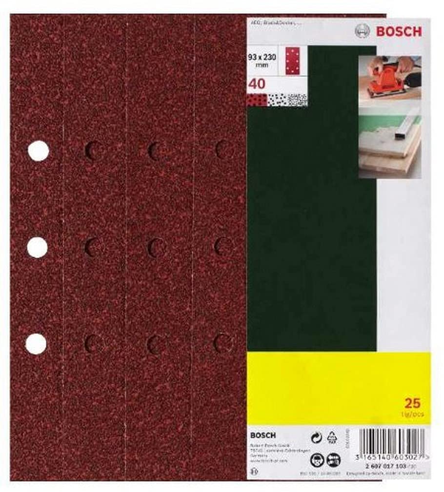 Bosch Home and Garden 25-teiliges Schleifblatt-Set für Schwingschleifer, 93 x 230 mm, 8 Löcher, Körnung 40, 2607017097
