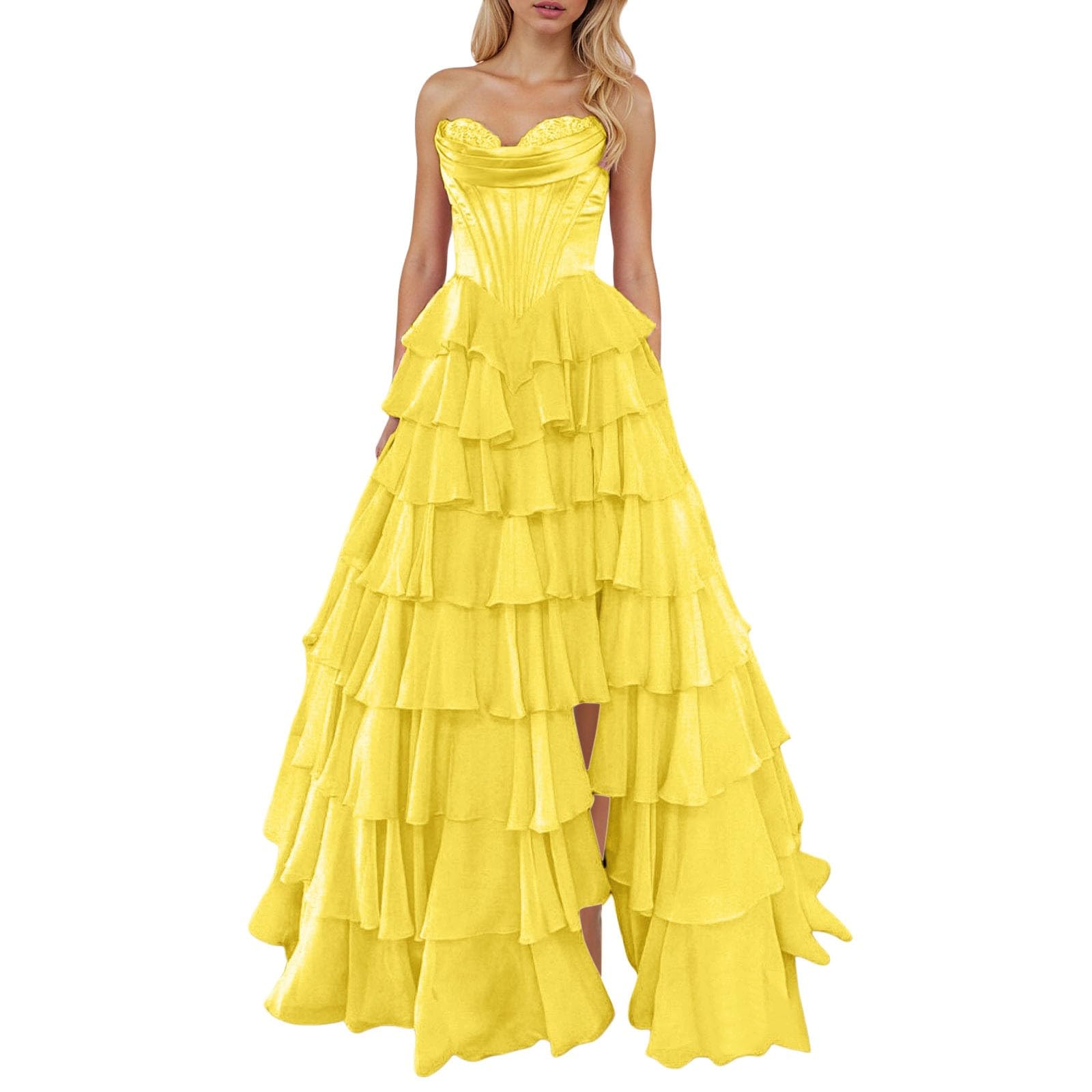 Vestido Largo de Gasa para Noche con Diseño de Corsé y Abertura Elegante sin Tirantes Corte A