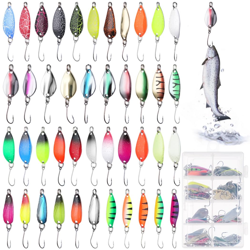 Lot de 43 appâts pour Truite, cuillers avec boîte de Rangement, 2 g, 2,5 g, 2,6 g et 3 g, cuillers tournantes pour pêche à la Truite, hameçon Simple à Paillettes pour brochet, Sandre, Perche