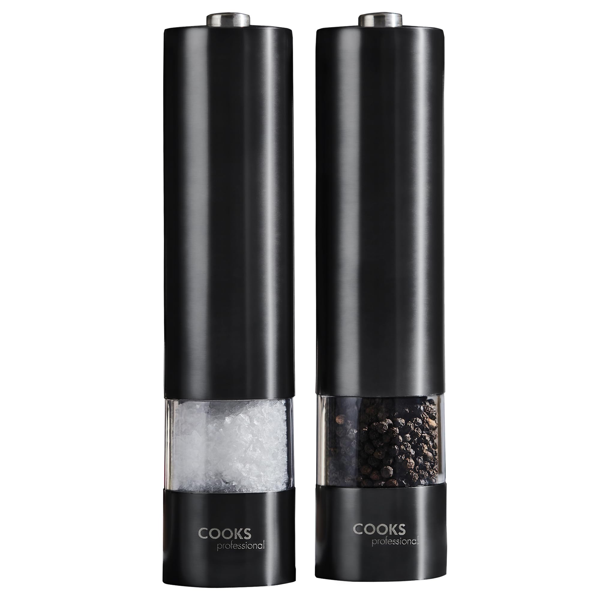 Electric Salt and Pepper Mill Set | Battery Operated Automatic Grinders with Adjustable Course & Fine Grinding & One Touch Operation | Condiment Seasoning Grinder | Black