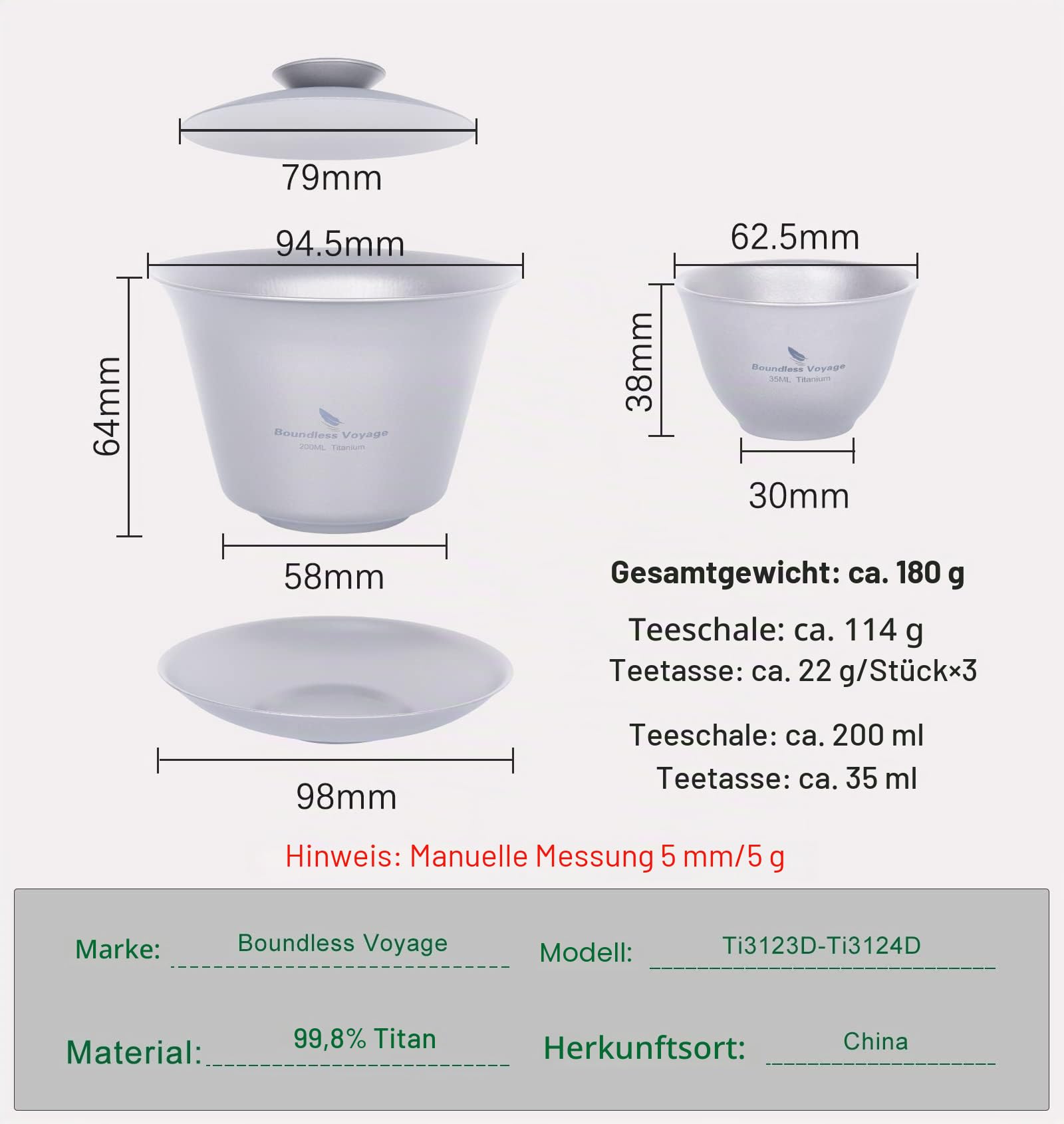 iBasingo 200ml Titan Gaiwan 3 35ml Kung Fu Teetasse & Untertasse mit Deckel Tragbares Reise Teeservice Chinesische Teeset Leichtes Outdoor Camping Doppelwandige Langlebige Teetassen Ti3124D