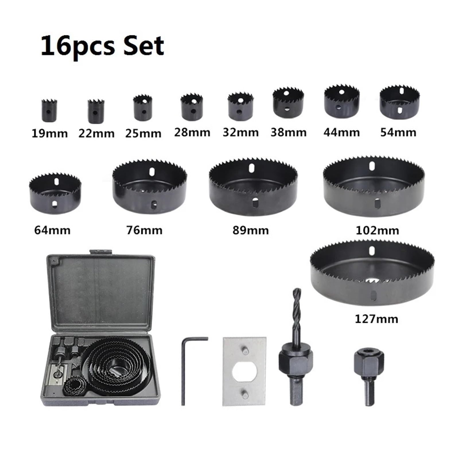 Juego De Brocas De Copa For Sierra Perforadora De 19-64 Mm Y 19-127 Mm | Accesorios de herramientas eléctricas de carpintería for perforación de madera y plástico de PVC(16PCS)