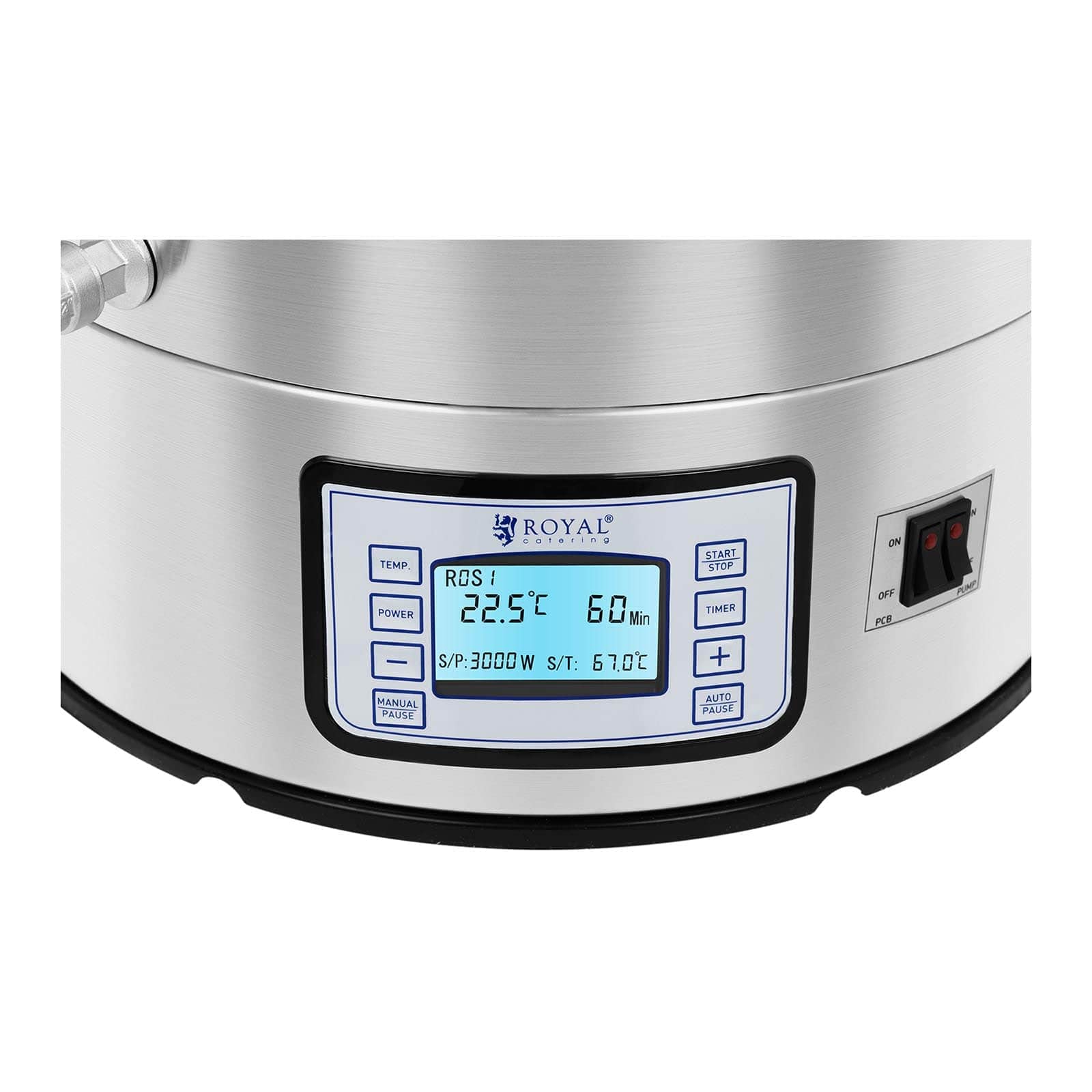 Royal Catering Hervidor de Acero Inoxidable para Preparar Cerveza casera 60L 3000W RCBM-42N (Rango de calefacción 1800 W + 1200 W, 2 Elementos de calefacción, Modos automático/Manual, Grifo de