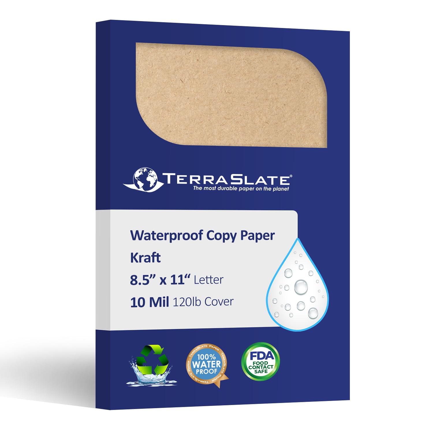 TerraSlatePaper | Kraft Paper | 8.5" x 11" Waterproof Paper | Laser Printer Paper, Copy Machine, & Digital Press Compatible, 25 Sheets (10 MIL TerraSlate (120lb Cover)), Brown