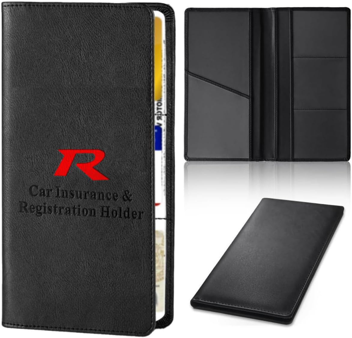 Leather Car Registration and Insurance Cards Holder Compatible for R, Vehicle Glove Box Car Organizer with Magnetic Shut, Documents License (R)