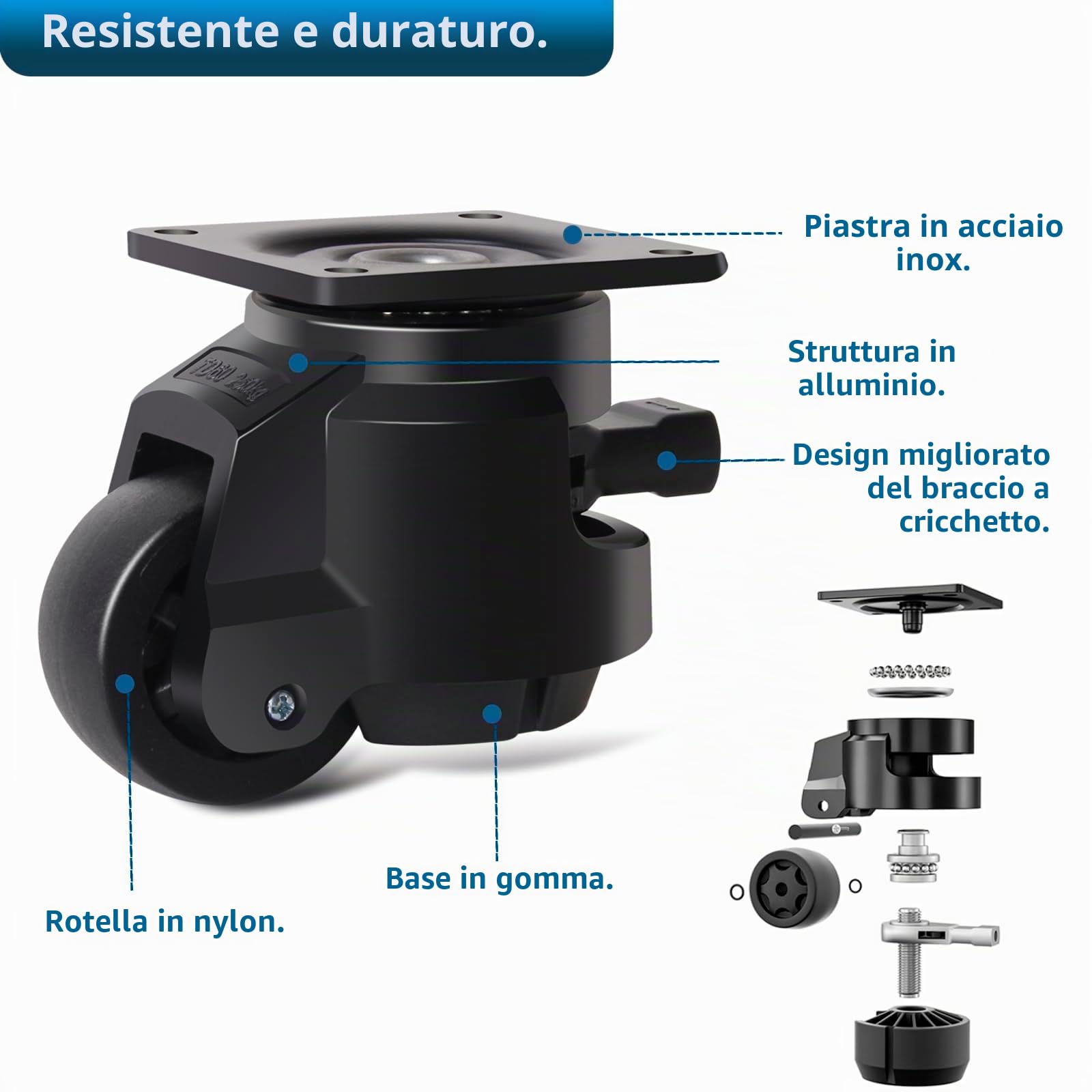 Rotelle per Mobili Pesanti Capacità 1000kg, 50mm Ruote Girevoli con Impugnatura a Cricchetto Regolabile, Ruotelle Pesanti Rotelle Pivotanti a 360 Gradi, Silenzioso, Set di 4